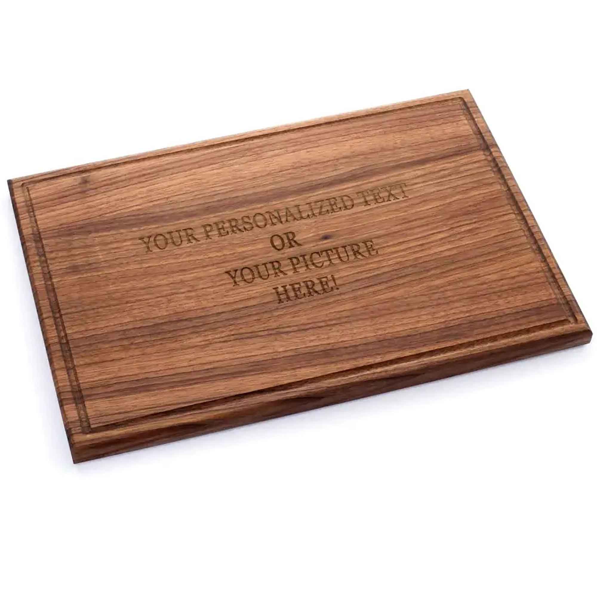 Personalized walnut cutting board with engraved text area shown as a wooden gift