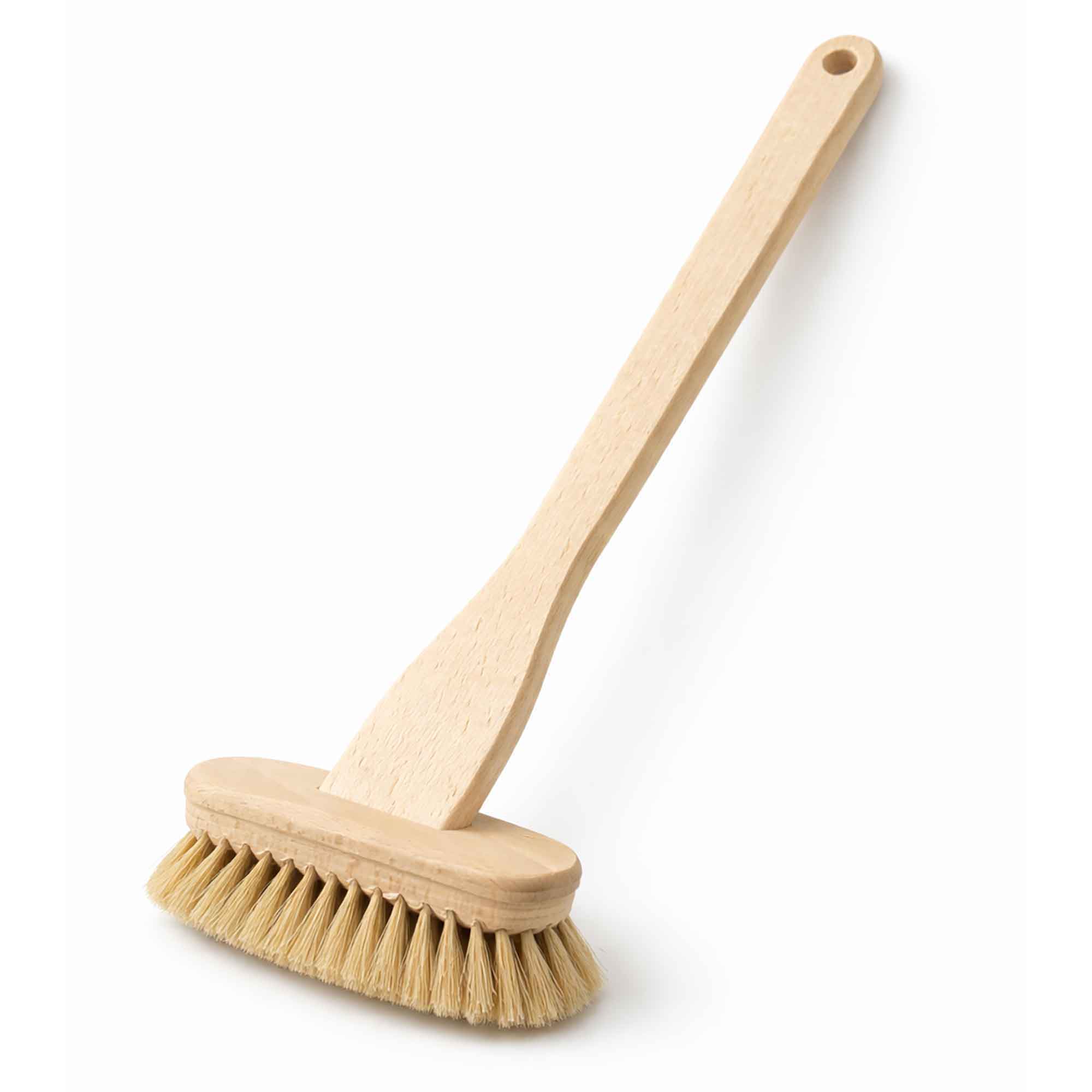 Wooden shower brush with a long handle shown on a white background