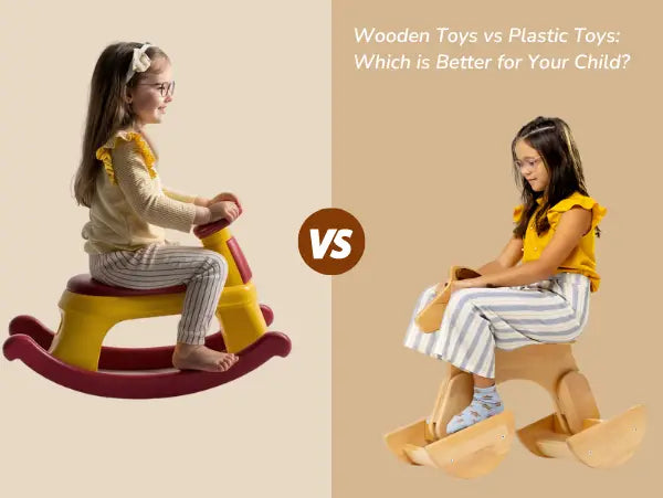 two girls sitting on the wooden and plastic toy