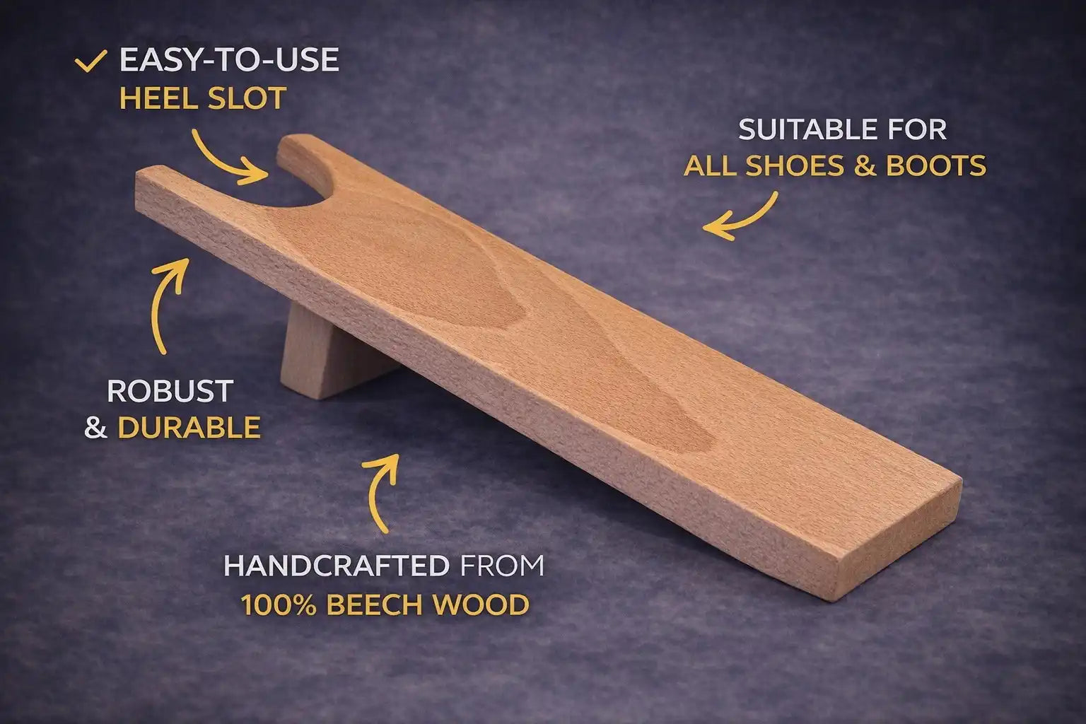 Feature graphic showing beechwood boot jack heel slot and shoe use