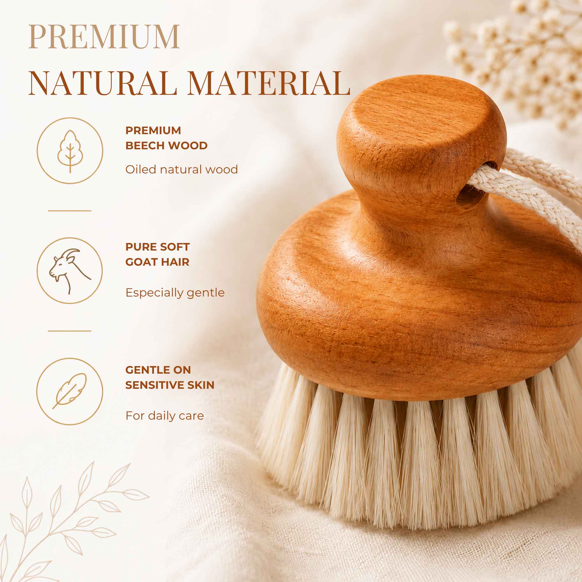 Image principale de la brosse nettoyante pour le visage en bois de hêtre avec détails en poils de chèvre