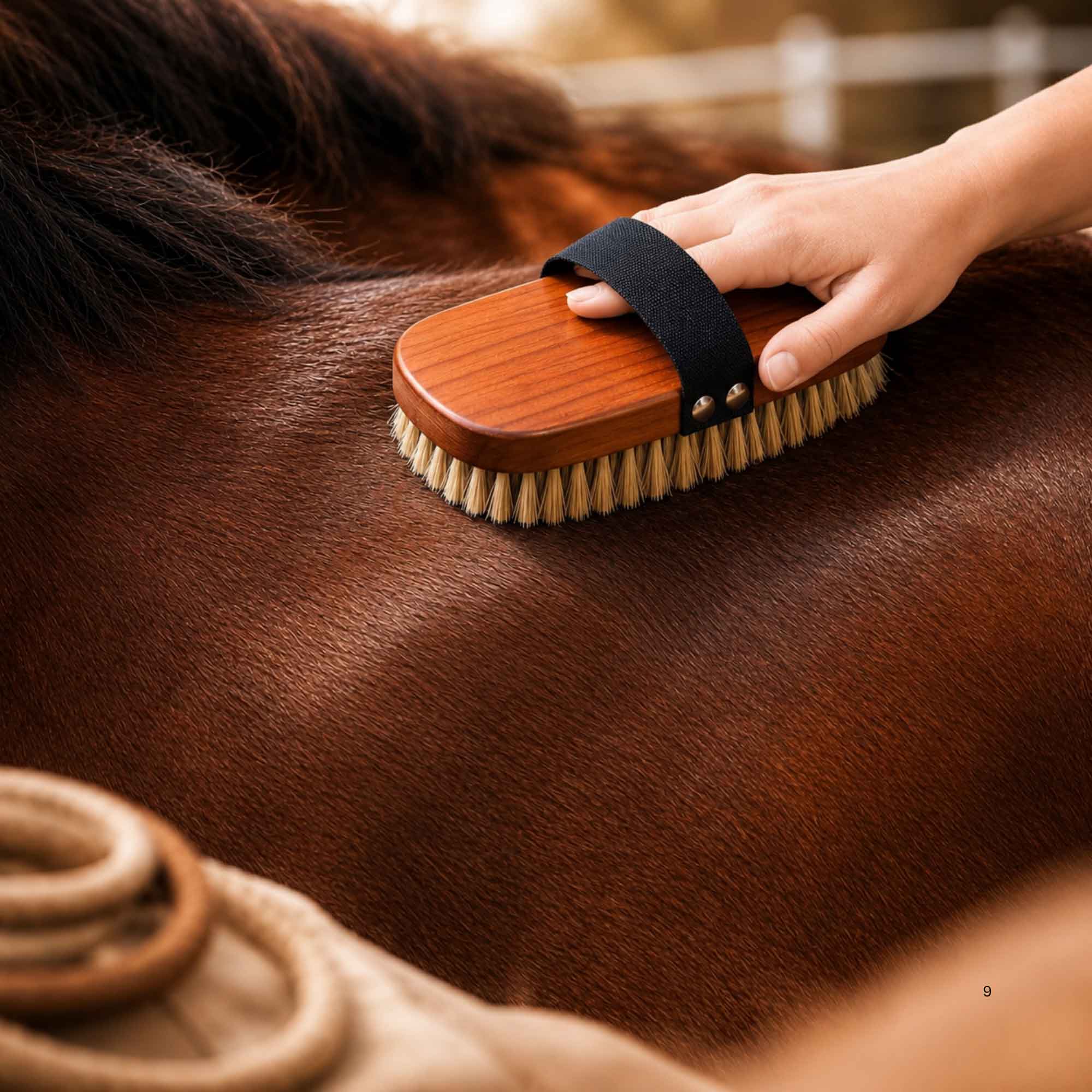Hand using a beechwood horse grooming brush on a brown horse coat