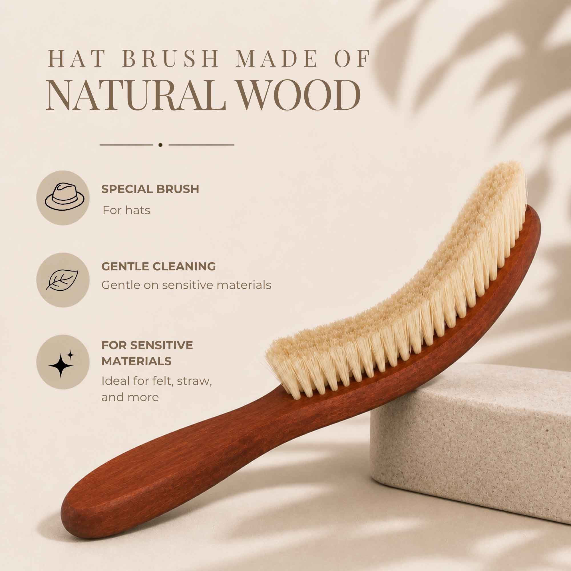 Feature graphic of pear wood clothing brush for hats and sensitive materials