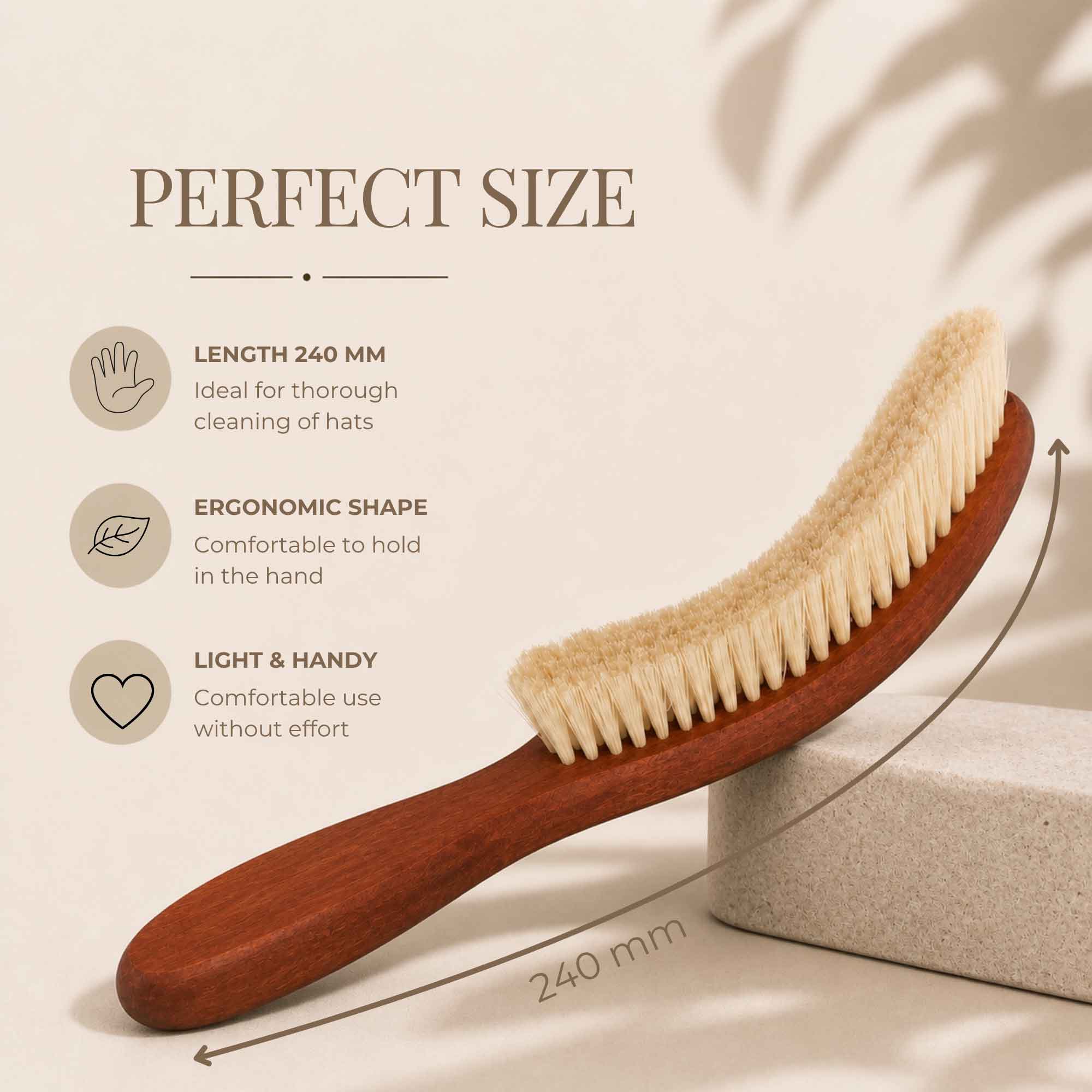 Size guide graphic for 24 cm pear wood clothing brush with curved handle