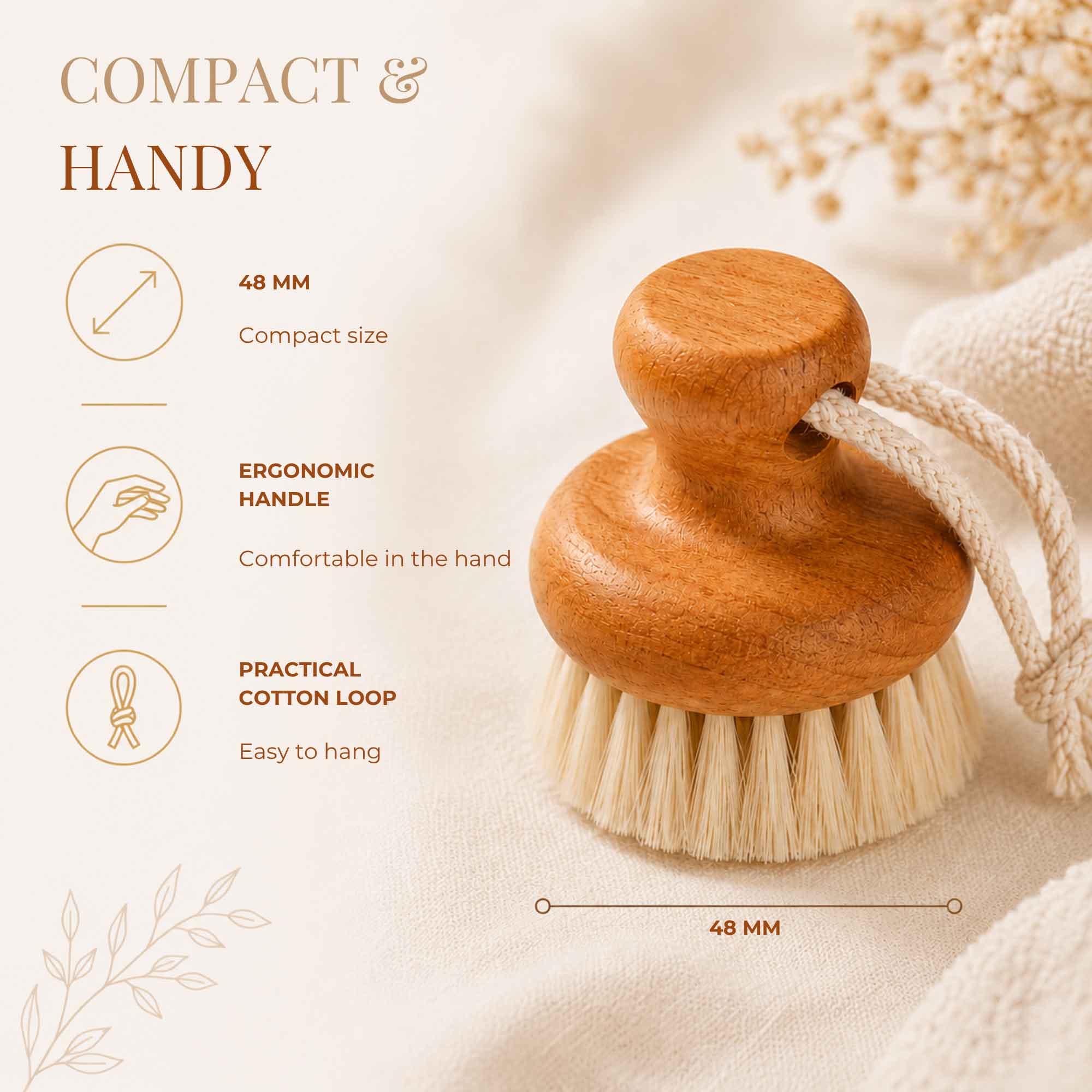 Graphique du guide des tailles de la brosse nettoyante pour le visage compacte en hêtre avec boucle en coton