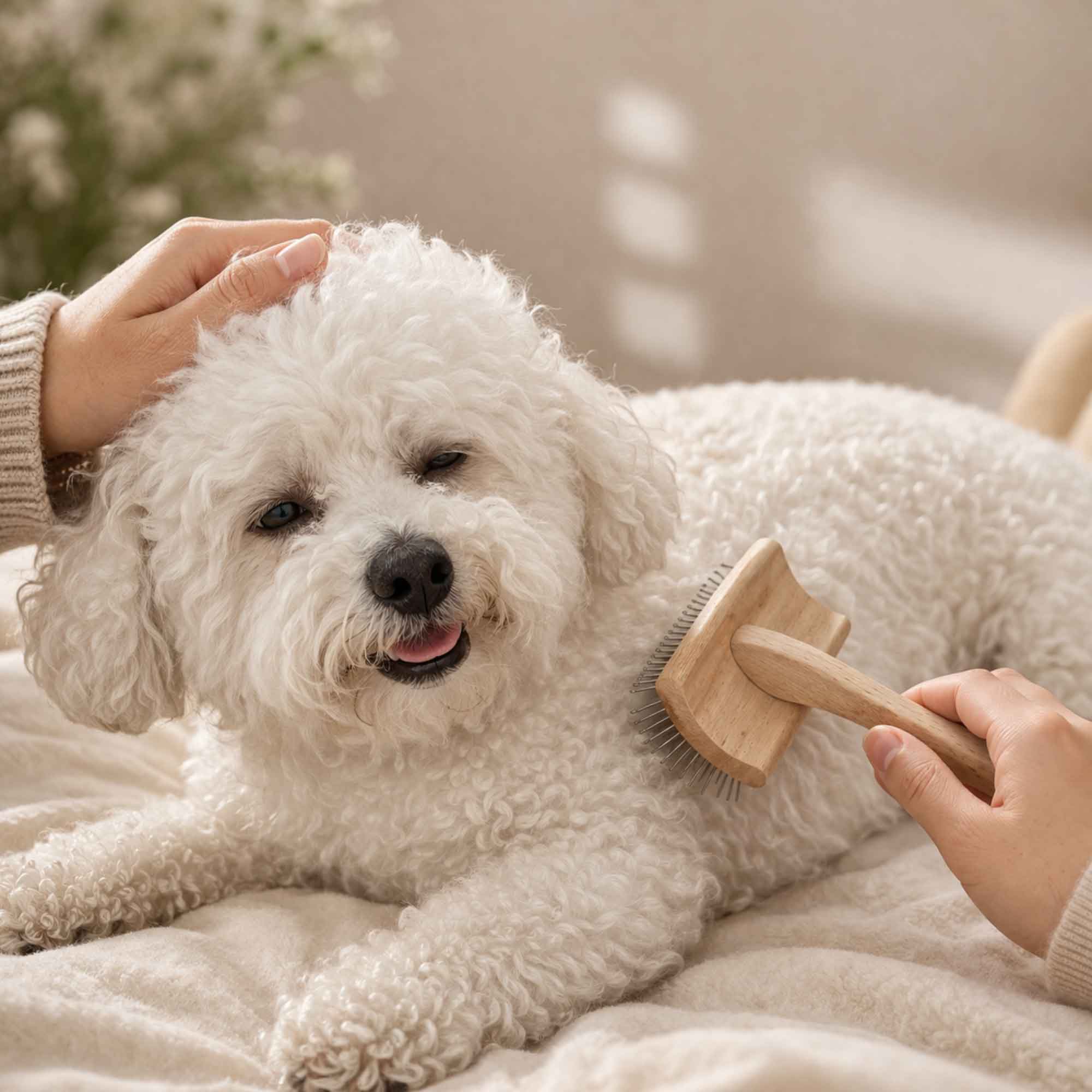 Person bürstet einen kleinen, lockigen weißen Hund mit einer Buche-Bürste.