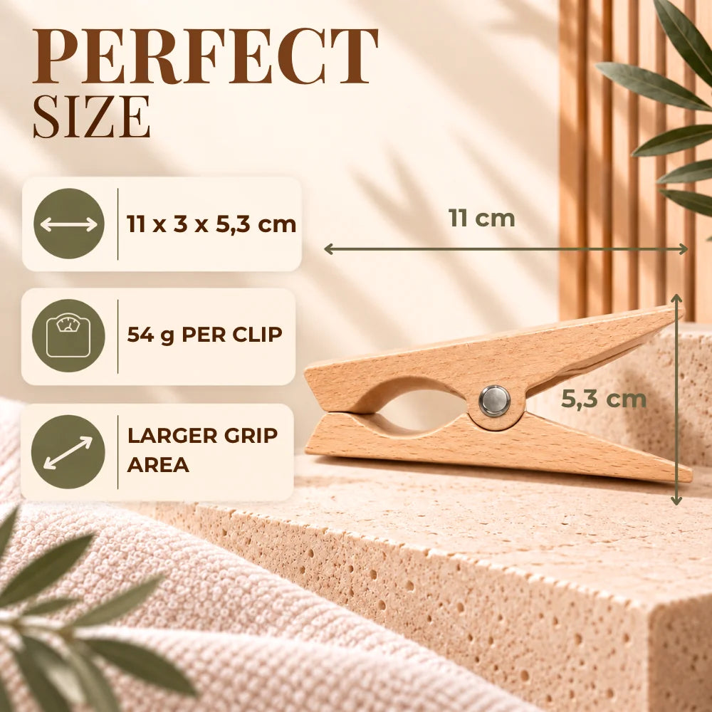 A wooden clothes clip shown on a textured stone surface with overlaid size and weight information: 11 x 3 x 5,3 cm, 54 g per clip, and larger grip area. The scene includes decorative leaves and warm neutral styling, but the main purpose is to communicate dimensions/specs rather than simply present the product, so this fits Measurement Chart rather than Product/Packaging.