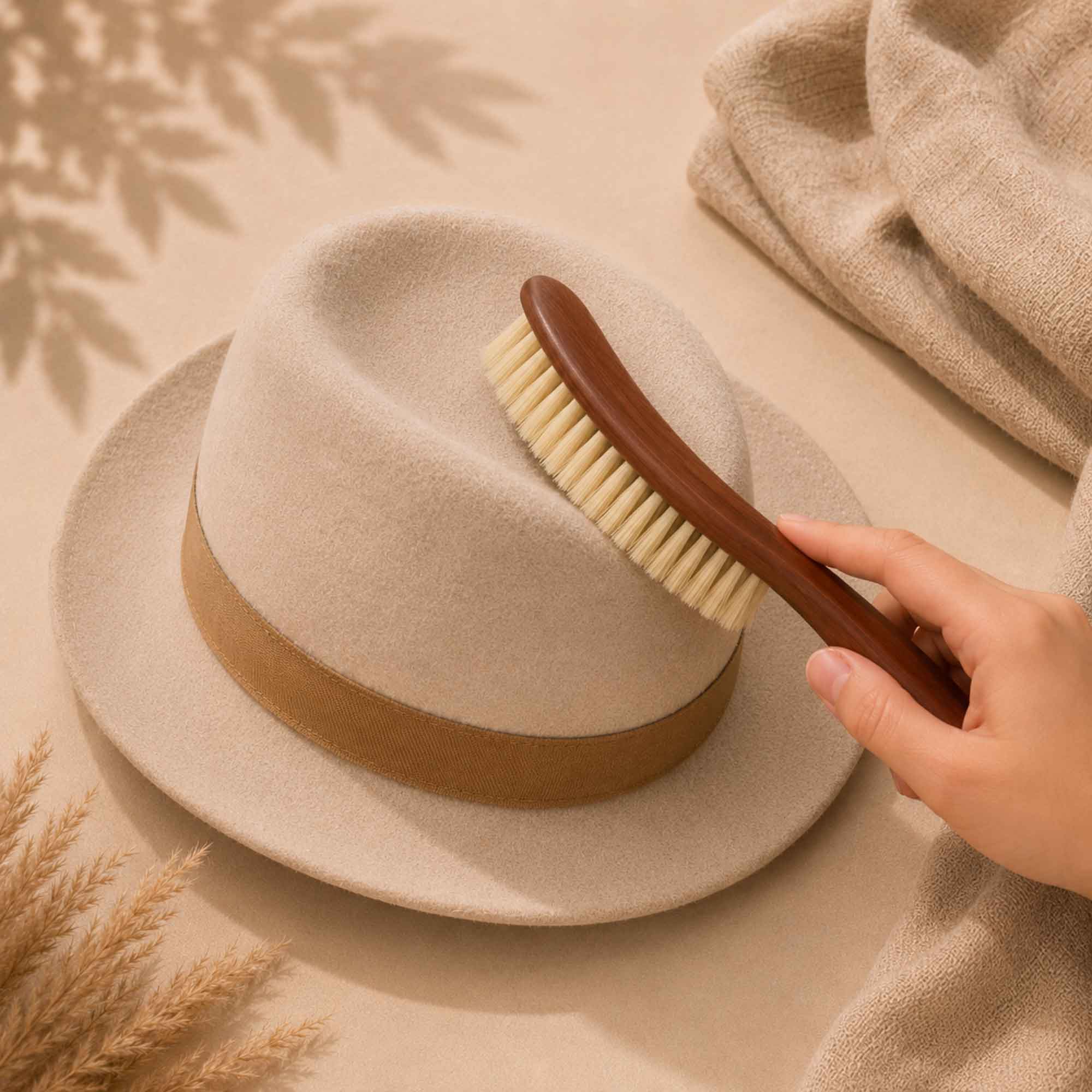 Hand using a pear wood clothing brush on a light-colored hat