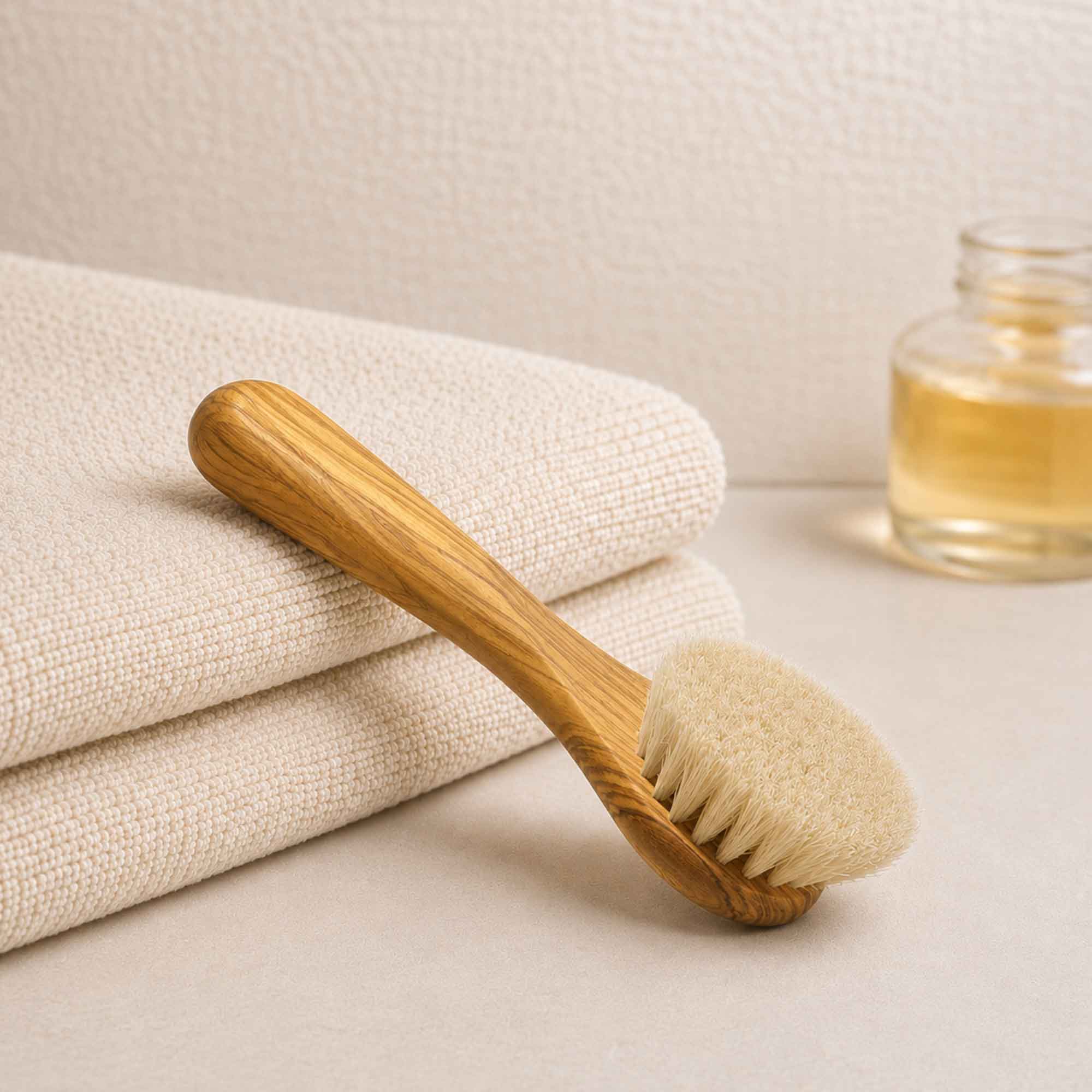 Escova de massagem facial em madeira de oliveira exibida sobre tecido ao lado de toalha e frasco de óleo