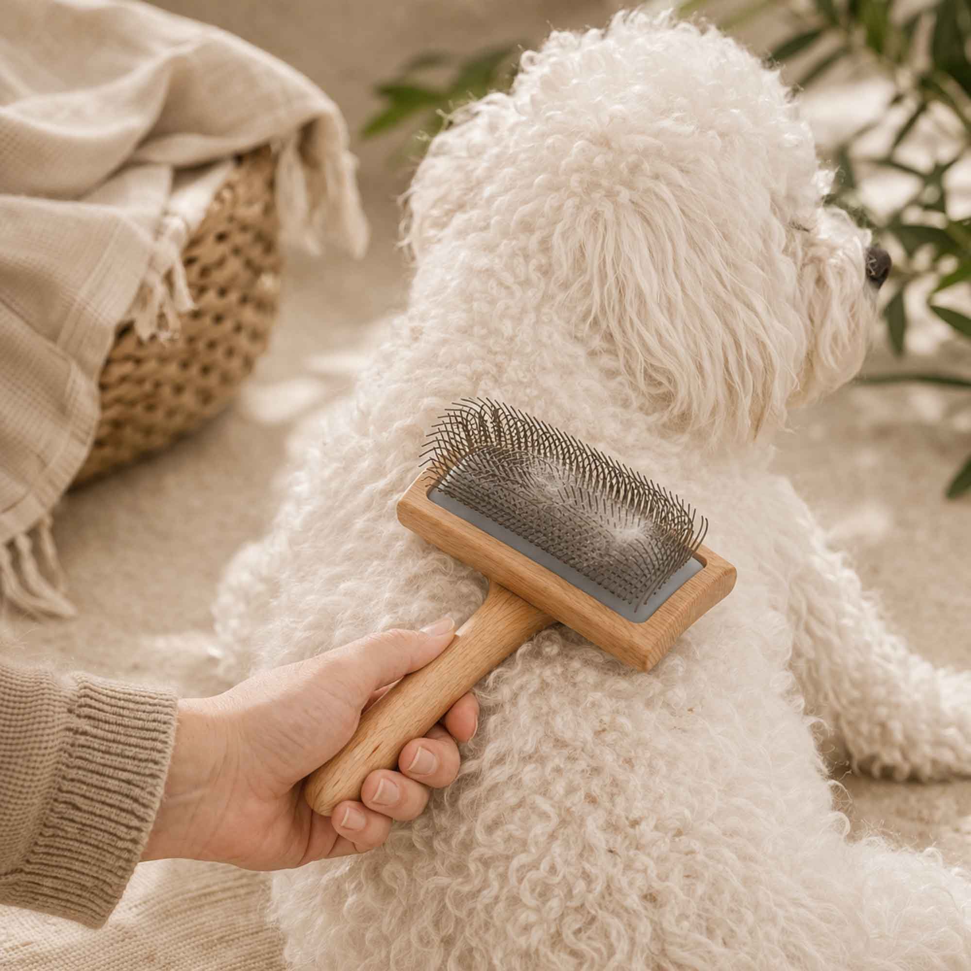 Person bürstet den Rücken eines lockigen weißen Hundes mit einer Buche-Bürste.