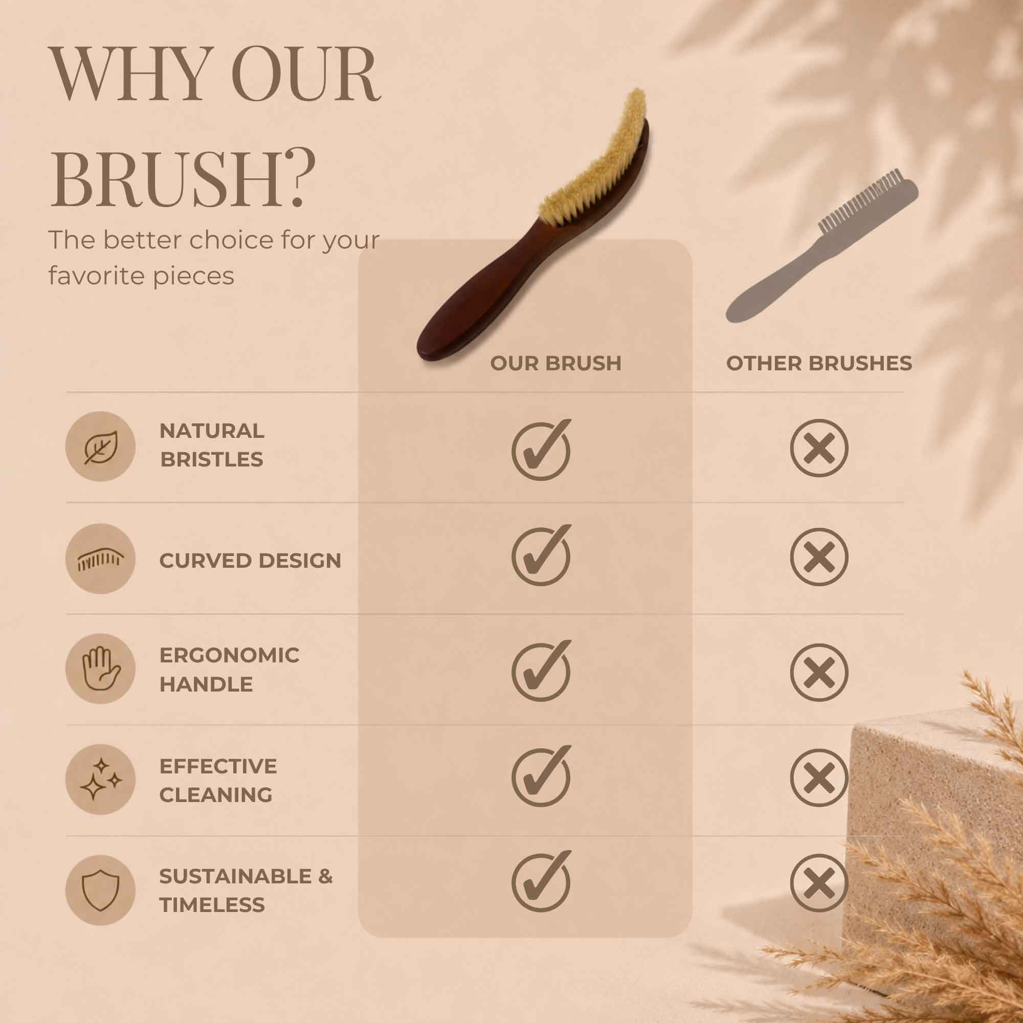 Comparison graphic showing pear wood clothing brush beside another brush