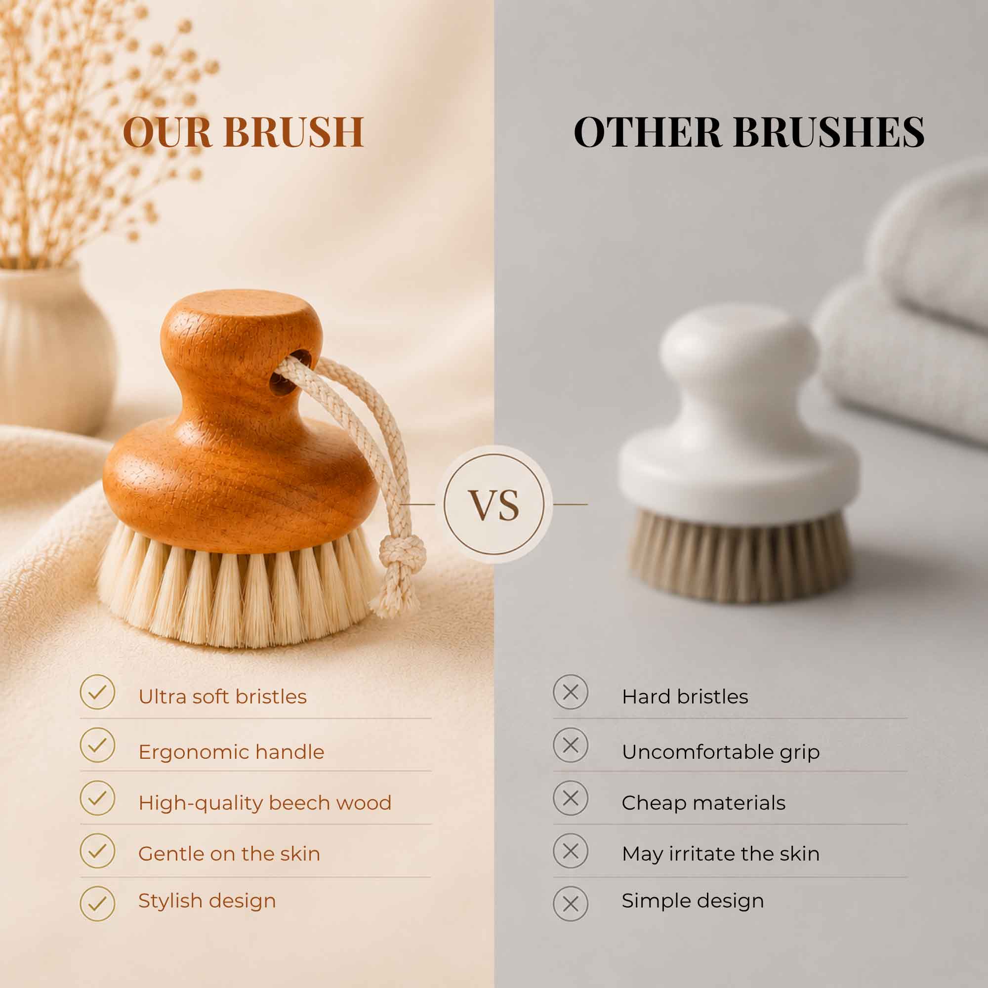Graphique comparatif montrant une brosse nettoyante pour le visage en bois à côté d'une autre brosse