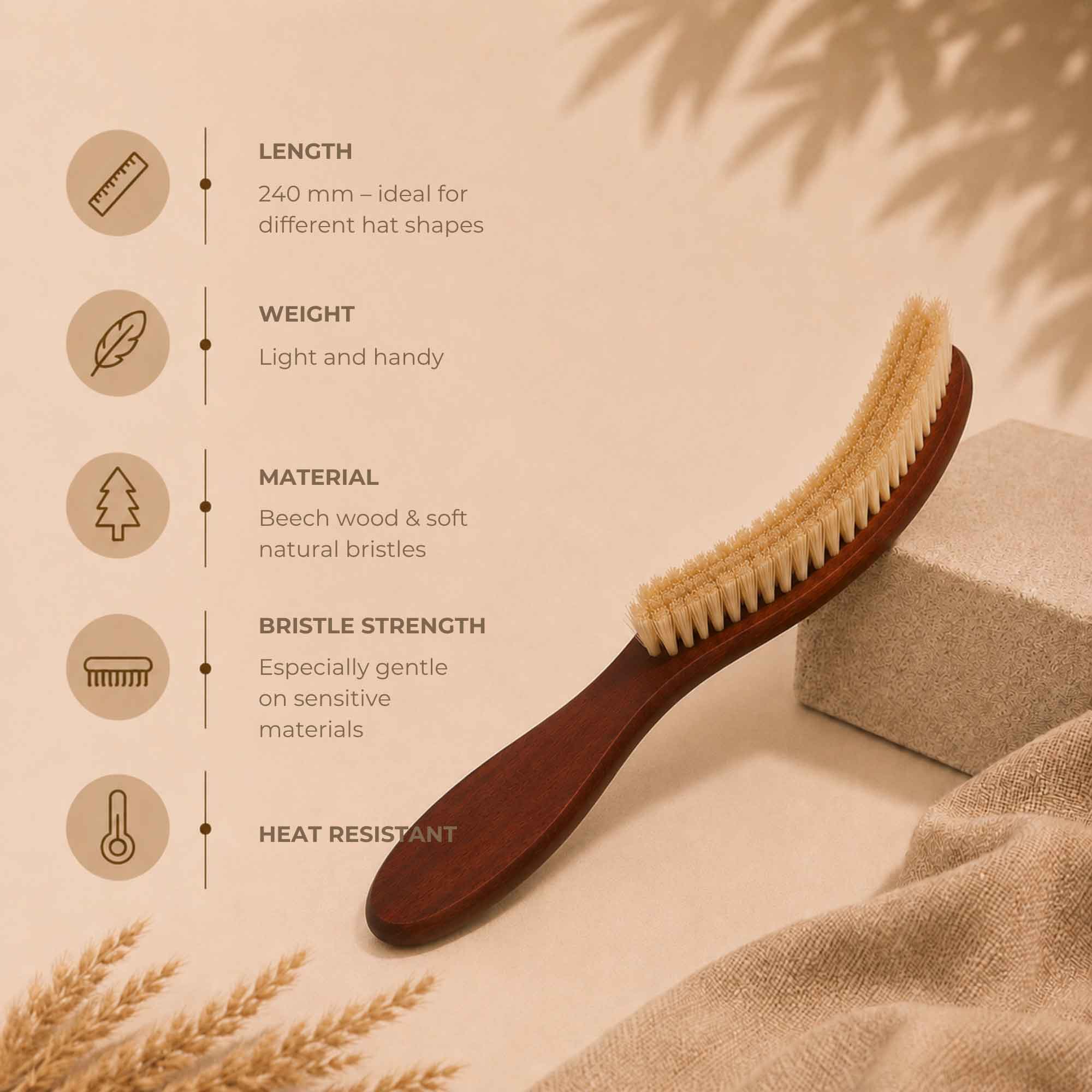 Feature graphic of pear wood clothing brush with length, weight and bristle details