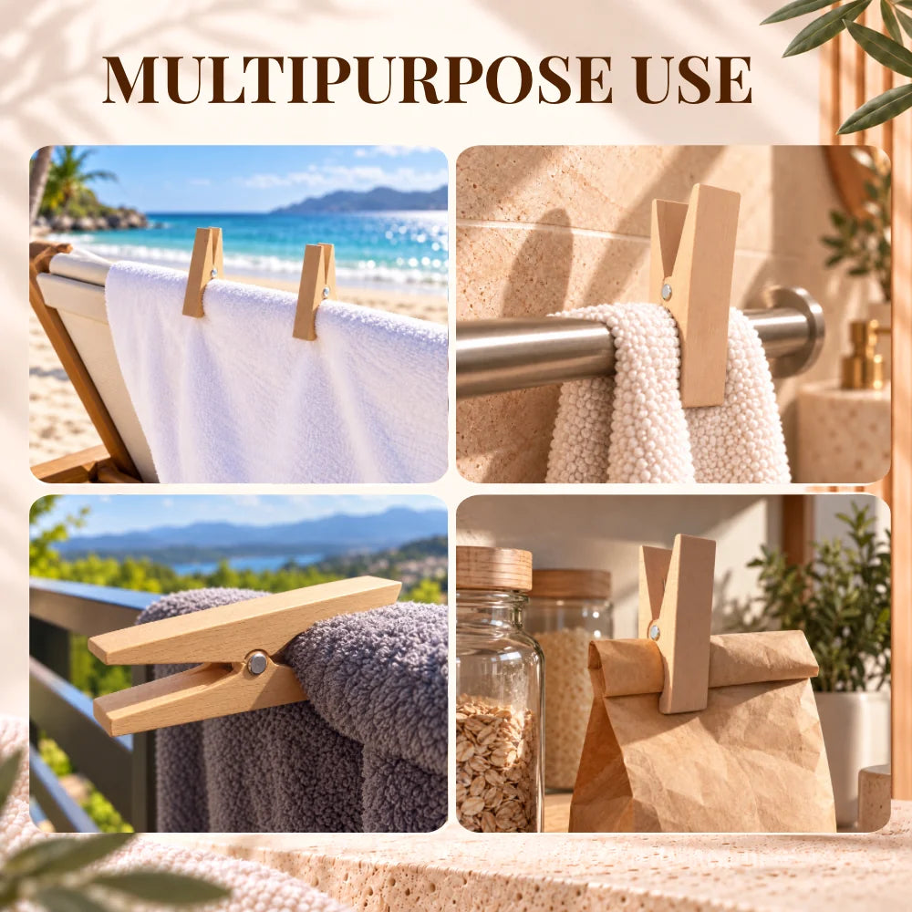 A 2x2 collage showing a wooden clothes clip in different real-world settings: holding a white towel on a beach chair, hanging a cream towel on a metal rod, holding a gray towel outdoors, and clipping a brown paper bag next to glass jars. The top of the image has the text 'MULTIPURPOSE USE' on a beige background with decorative leaves.