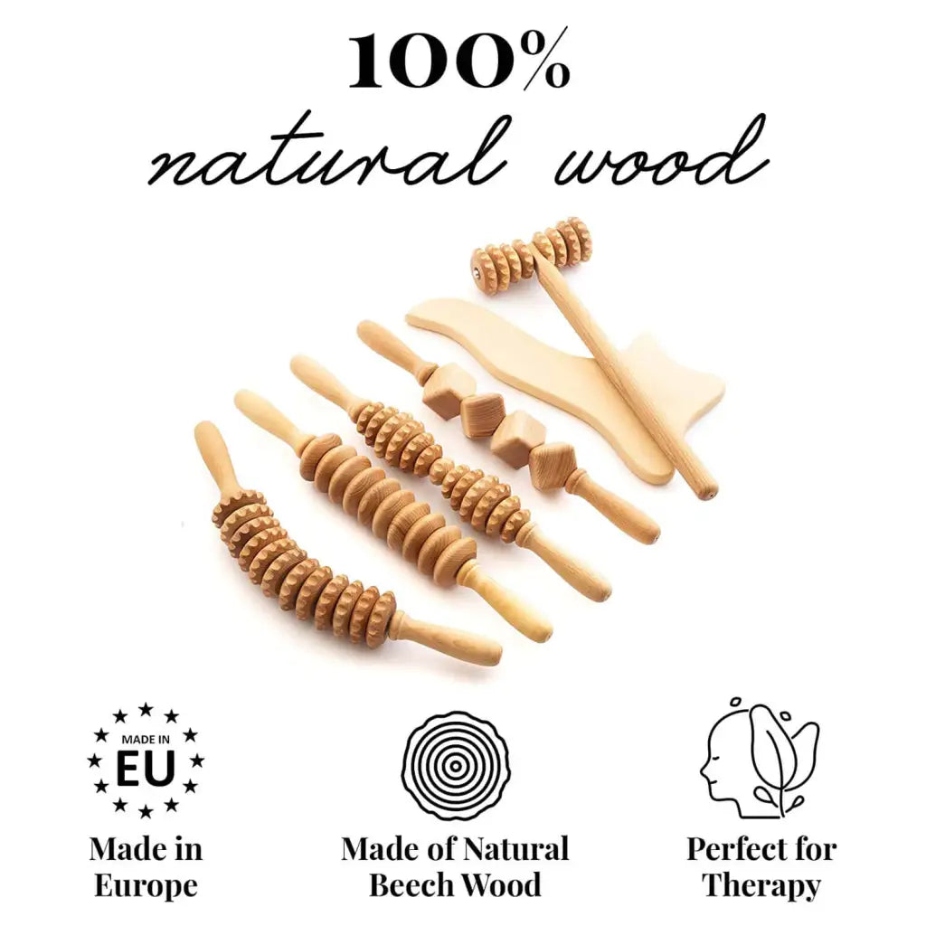 Four 40 cm wooden rollers arranged side by side, ribbed surface detail