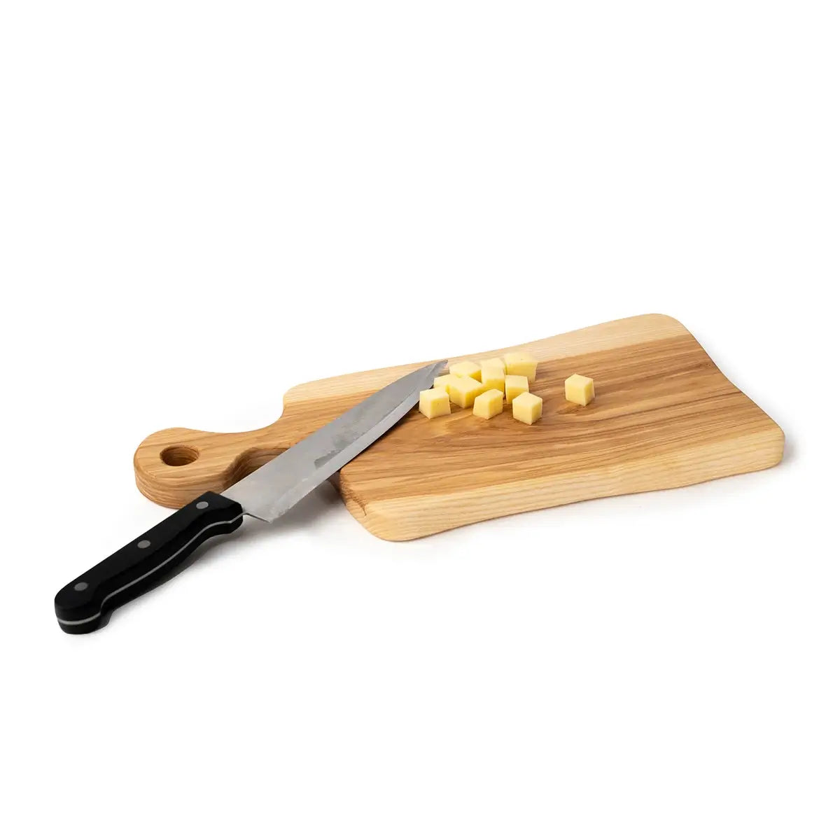 Large wooden cutting board surface displaying natural Ash wood texture