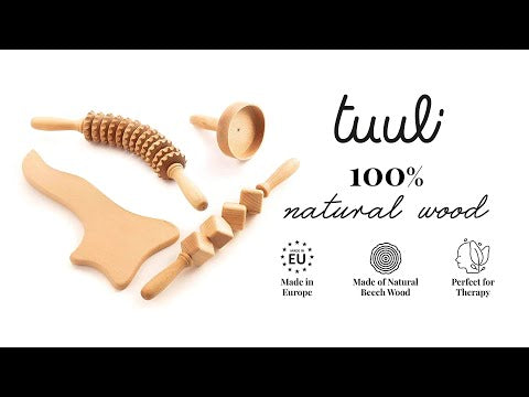 Close-up of ribbed wooden rollers showing smooth finish and rounded edges