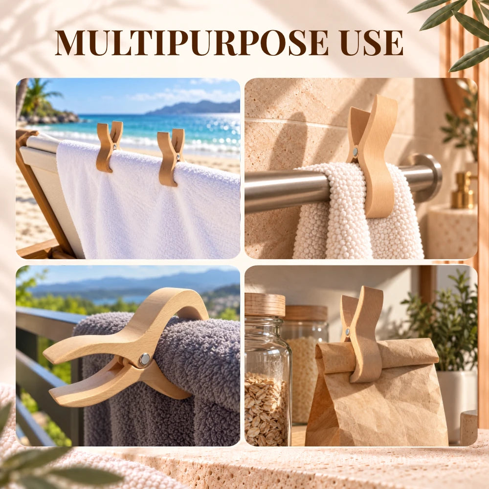 A collage showing a wooden towel and garment clip in several real-world settings: hanging white towels on a beach chair, holding a cream towel on a metal rod, clipping a gray towel outdoors, and holding a brown paper bag near jars. The text 'MULTIPURPOSE USE' appears at the top.