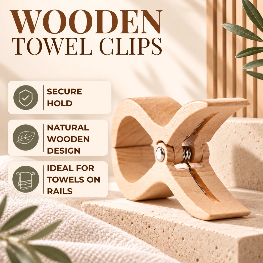 A light natural wood X-shaped towel clip displayed on a textured stone surface with a folded towel, decorative leaves, and text overlays highlighting its secure hold, natural wooden design, and suitability for towels on rails.