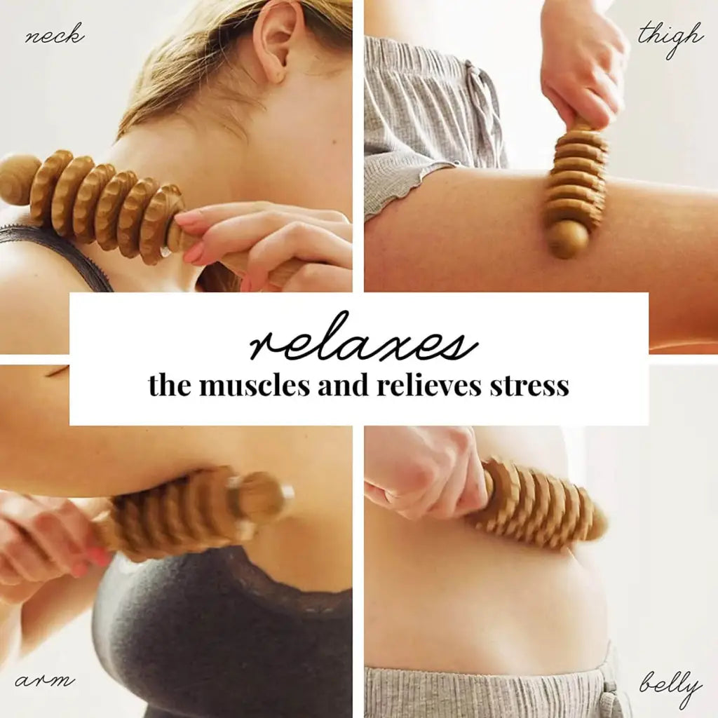 Collage of pictures showing use of wooden massager for back neck shoulder body massage roller