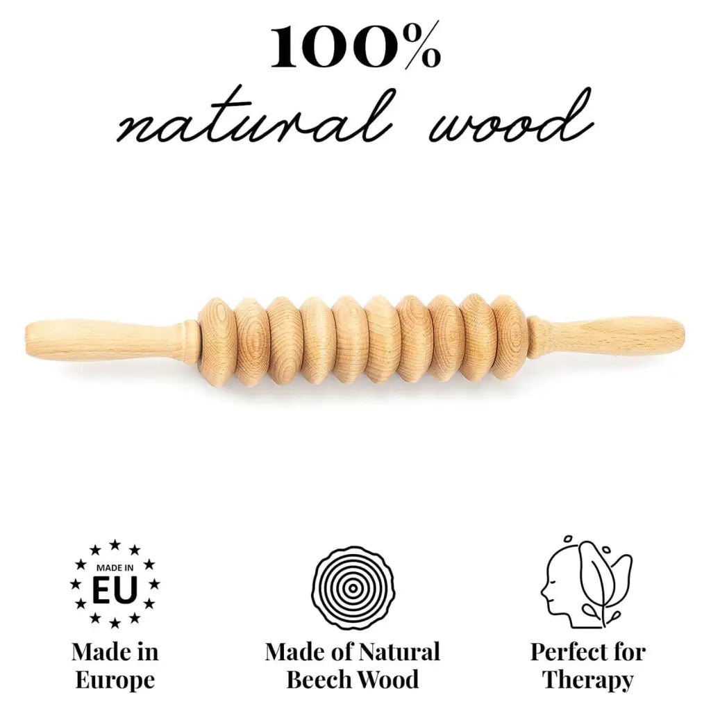 Beechwood disk massage roller (40 cm) on neutral background, full view