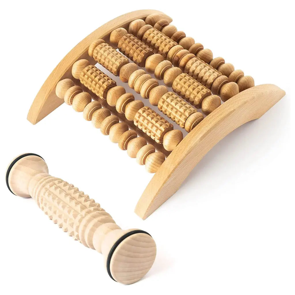 Two-piece beechwood foot massager set with board and compact roller