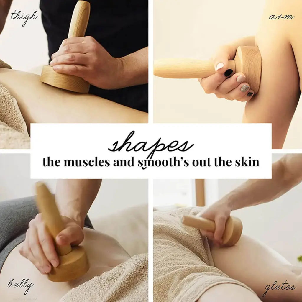 Collage av bilder som visar var man kan använda trämassagekoppar