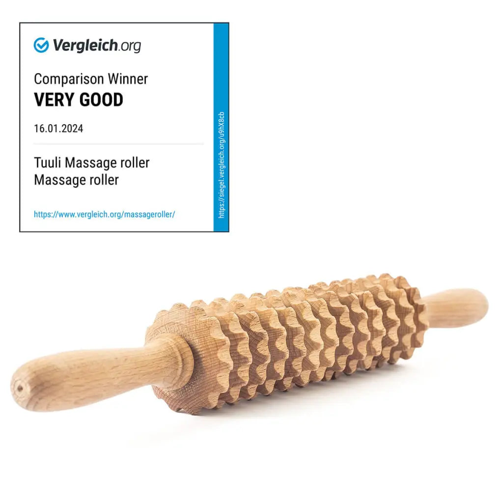 Beechwood massage roller (40 cm) on neutral background, full view