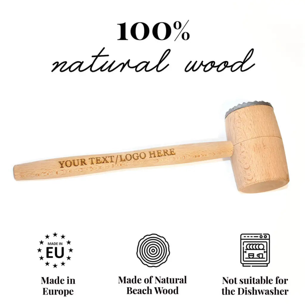 Handgemaakte houten vleesvermalser met gepersonaliseerde gravure op handvat van esdoornhardhout
