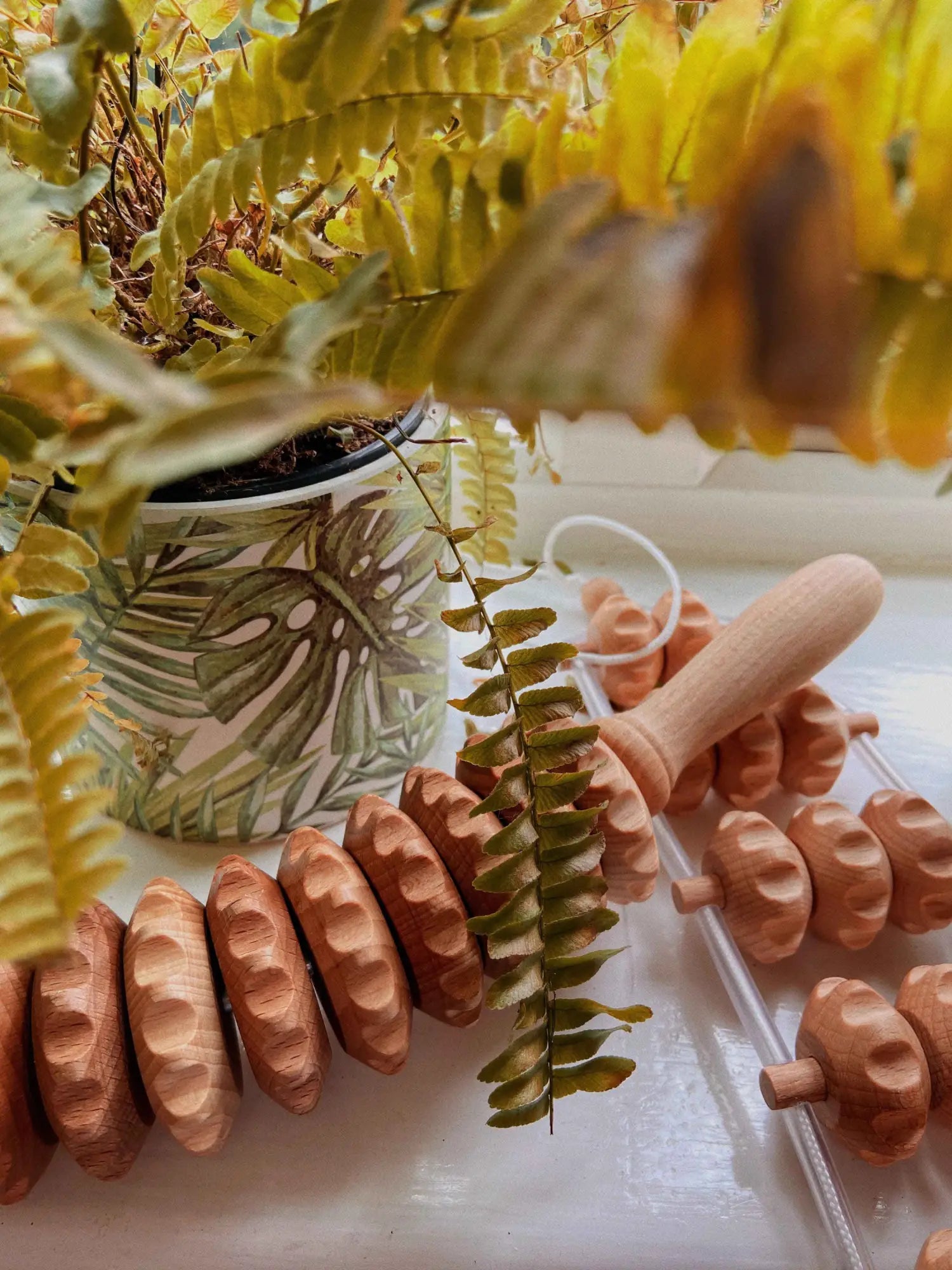Lifestyle scene: massage roller on bathroom shelf with flowers
