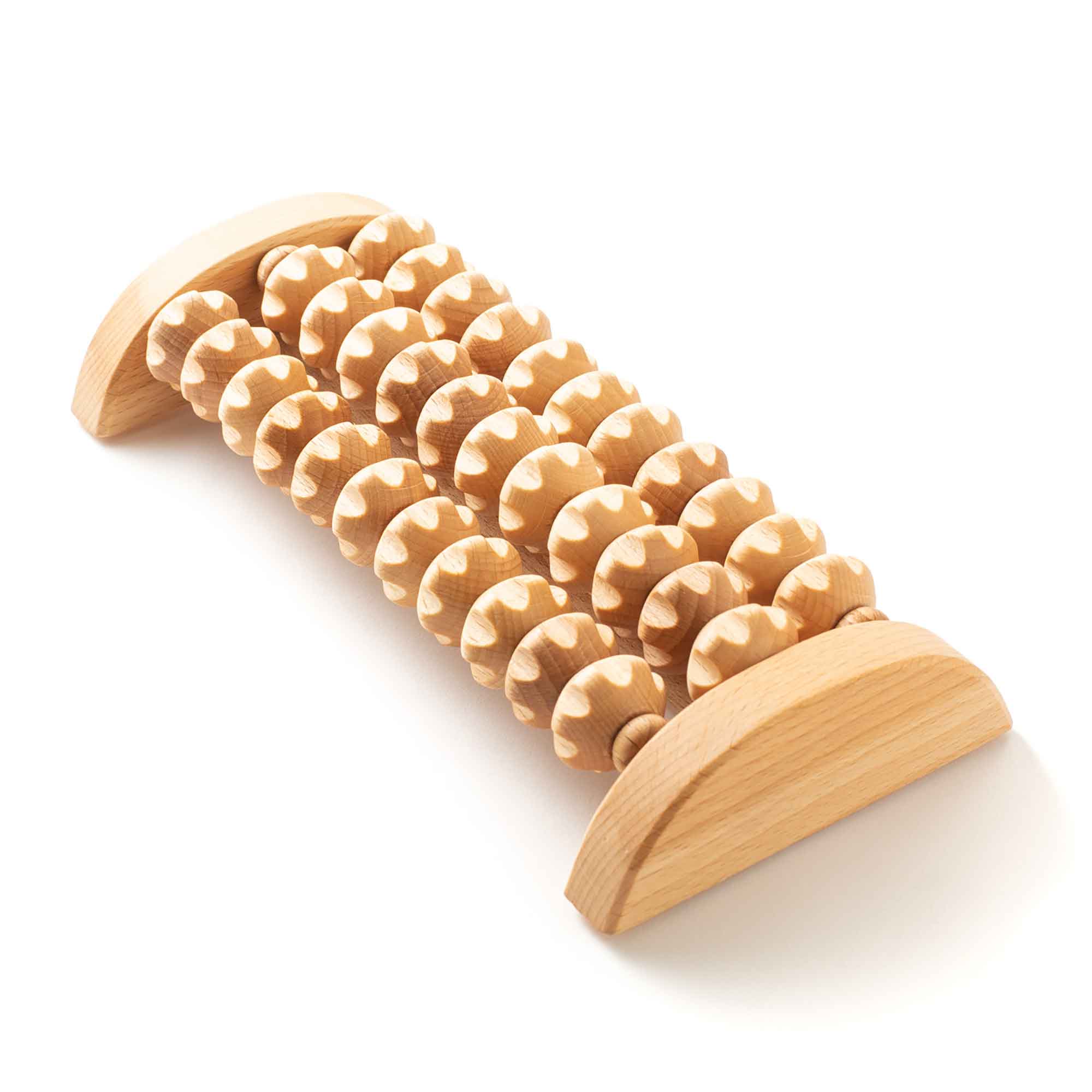 Wooden foot massager platform with different roller textures shown on a white background