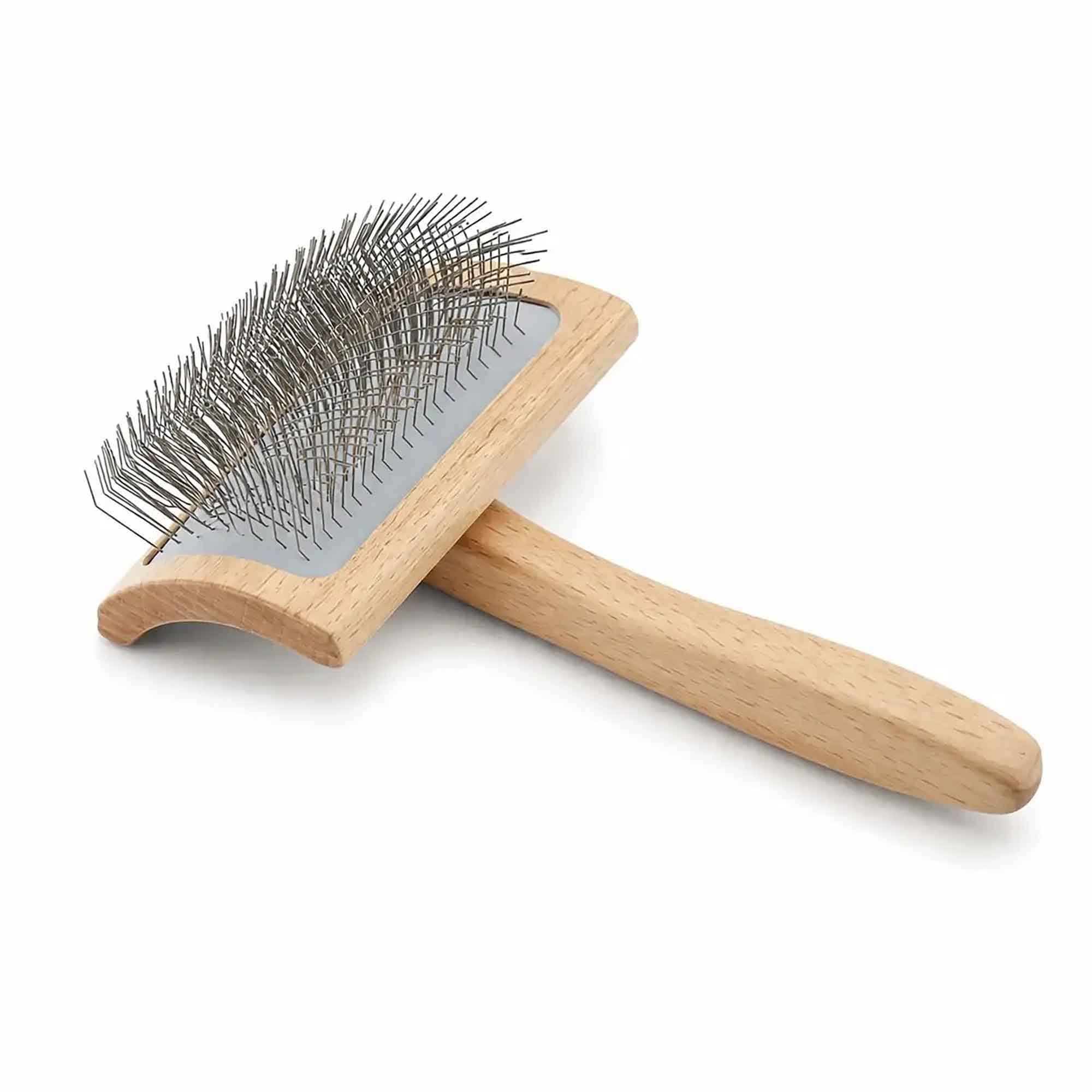 Wooden pet slicker brush shown for supervised grooming and coat care