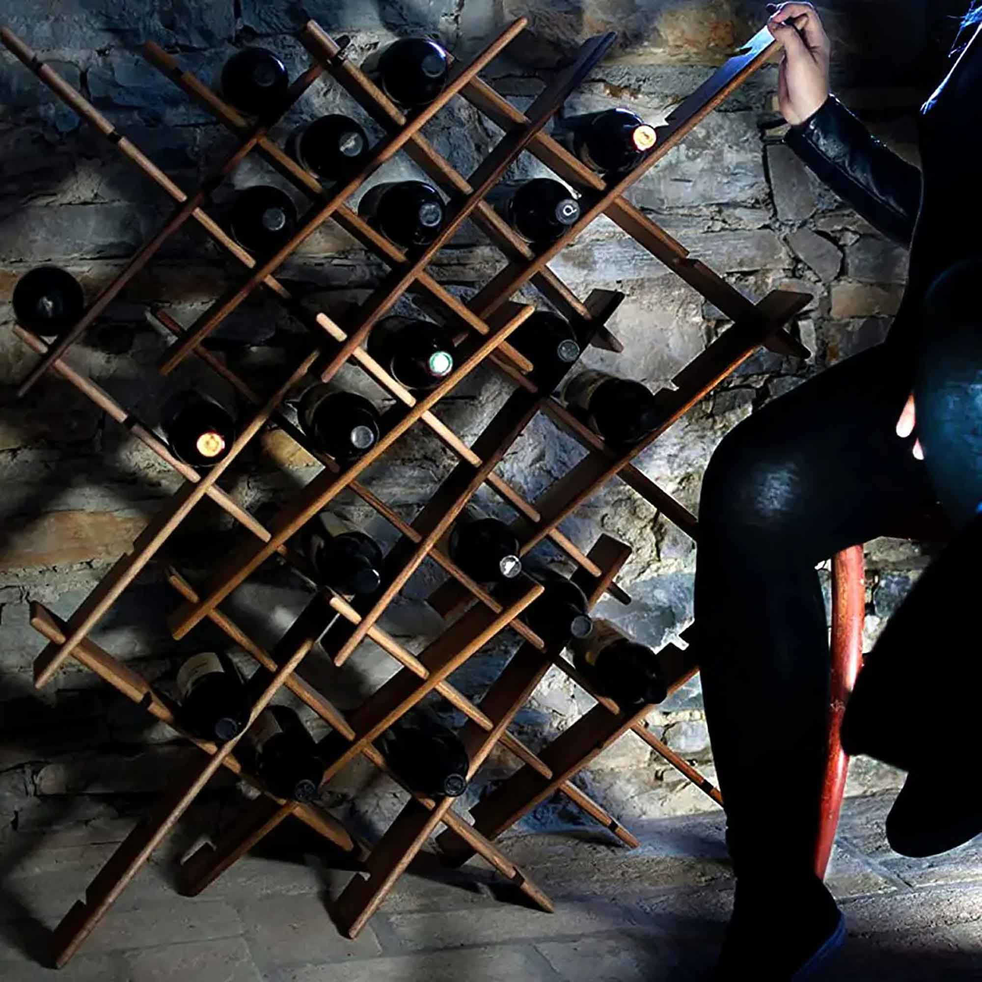 Wooden wine rack shown in a home interior setting