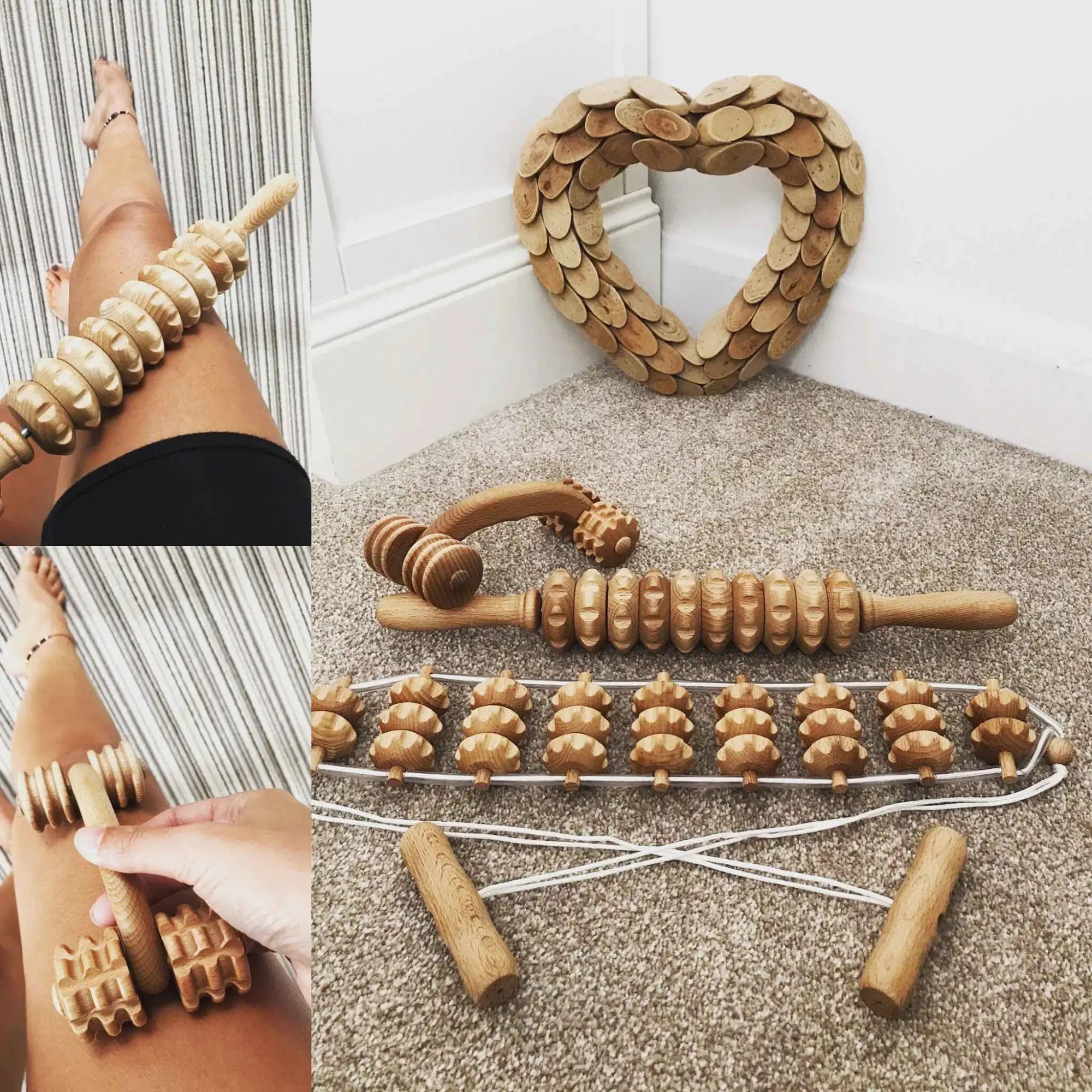 Assorted wooden handheld massagers—mini T roller, dice roller, gua sha paddle, compact body roller—in beechwood on a neutral background, Tuuli collection