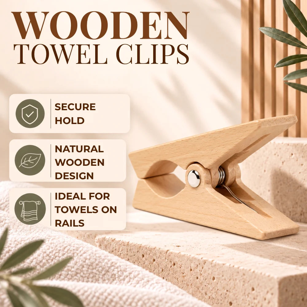 A natural wood towel clip shown on a stone surface with a towel, decorative leaves, and text callouts reading 'WOODEN TOWEL CLIPS,' 'SECURE HOLD,' 'NATURAL WOODEN DESIGN,' and 'IDEAL FOR TOWELS ON RAILS.'.