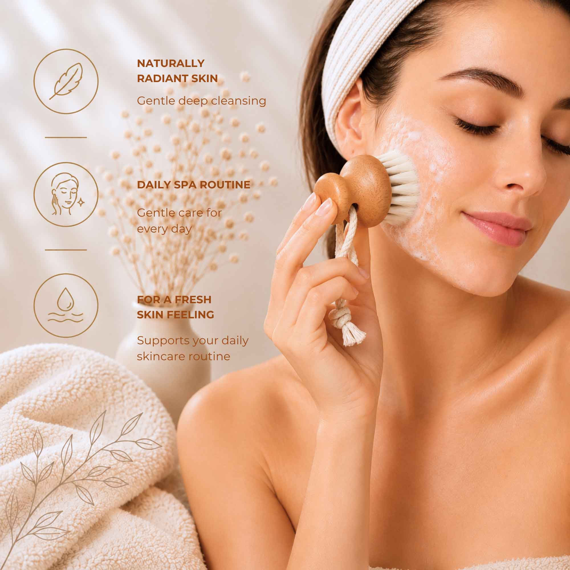 Femme utilisant une brosse en bois pour le nettoyage du visage avec de la mousse sur la joue