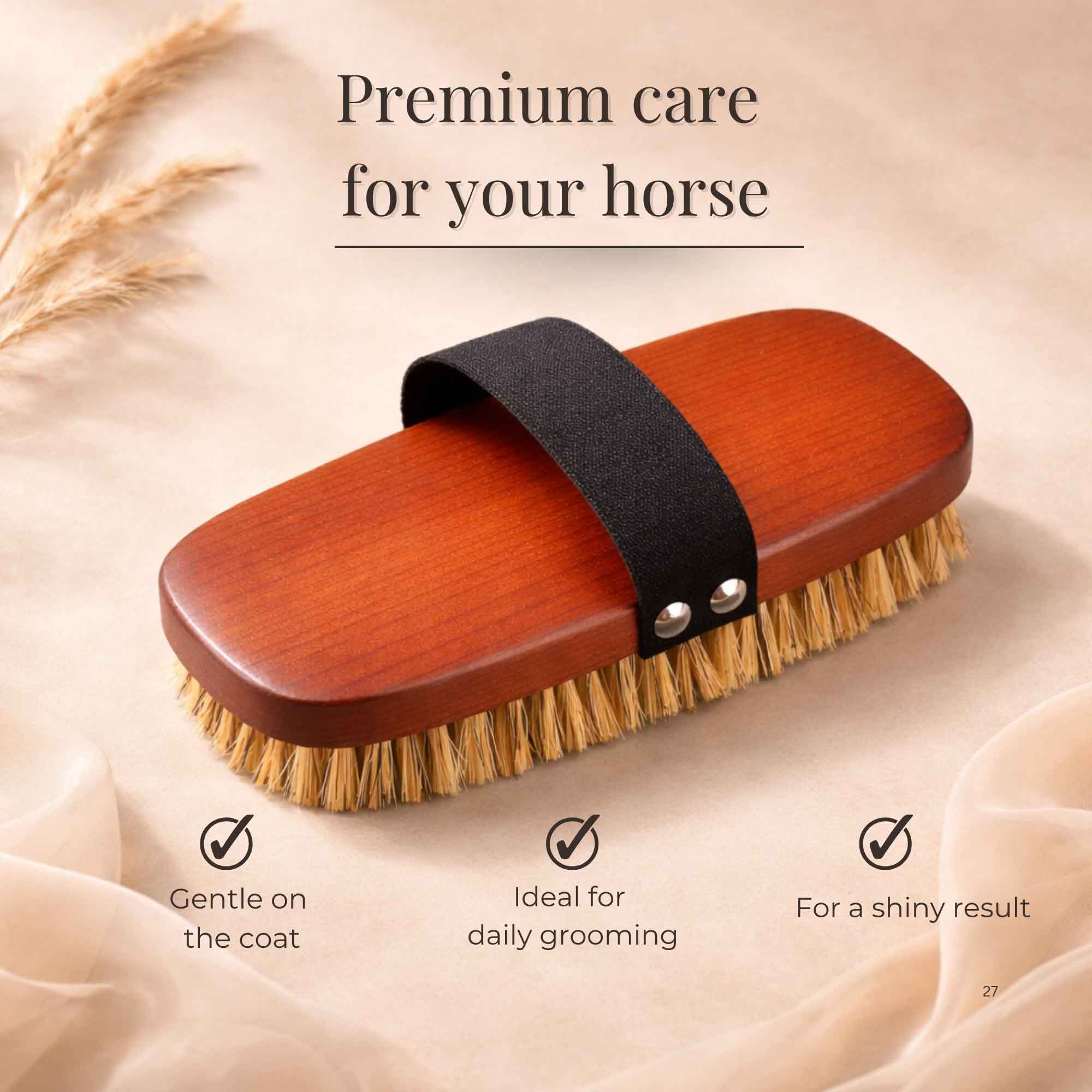 Beechwood horse grooming brush displayed with premium care text and icons