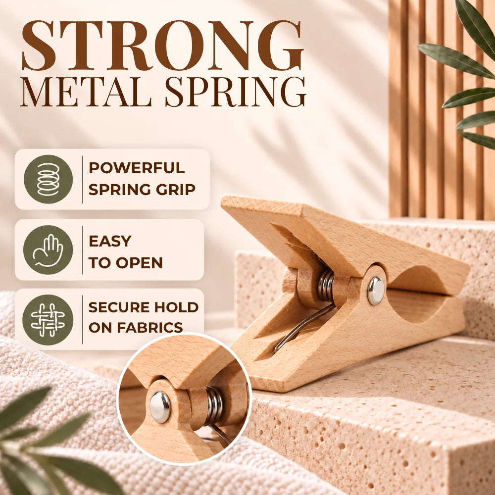 A wooden clothes clip with a metal spring hinge, shown on a textured beige surface with promotional text and feature callouts about its strong spring grip, easy opening, and secure hold on fabrics.