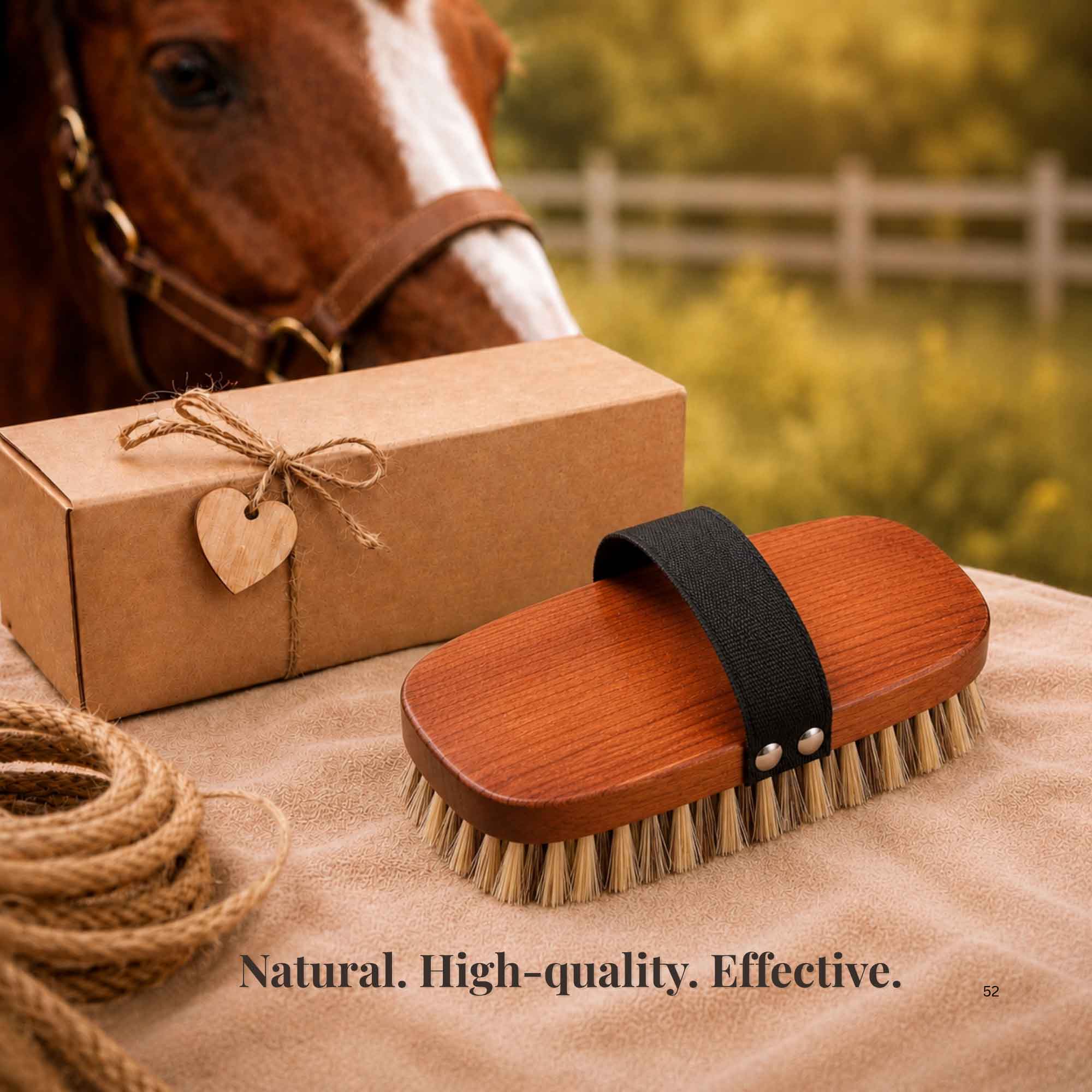 Beechwood horse grooming brush displayed beside a gift box with a horse in the background