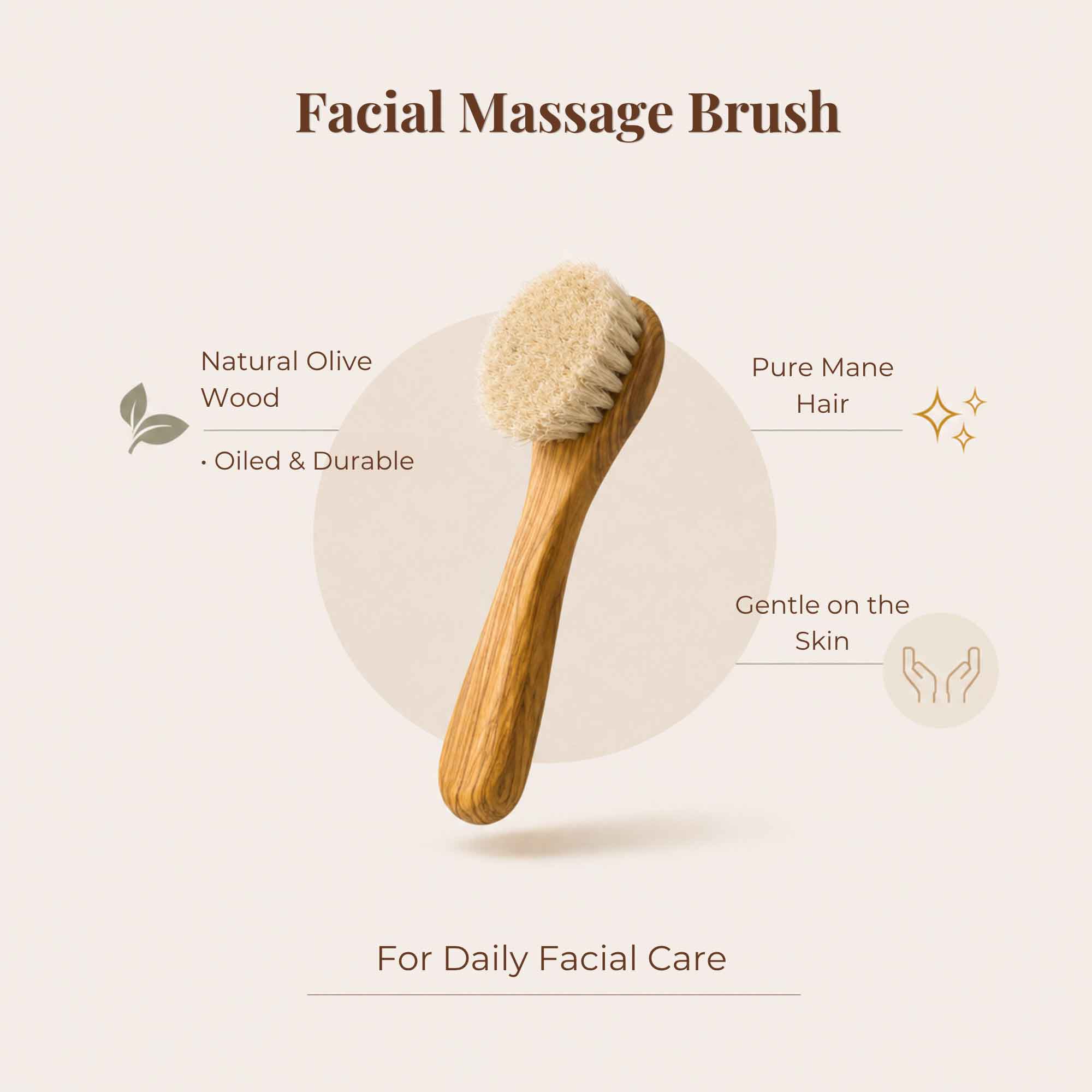 Imagem destacada da escova de massagem facial em madeira de oliveira com cerdas de crina e detalhes em madeira