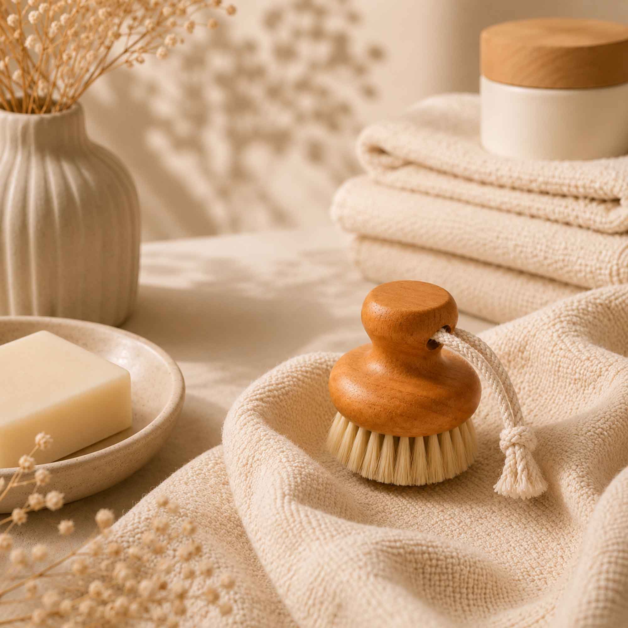 Brosse nettoyante pour le visage en bois de hêtre présentée avec du savon, des serviettes et une décoration de salle de bain aux tons neutres