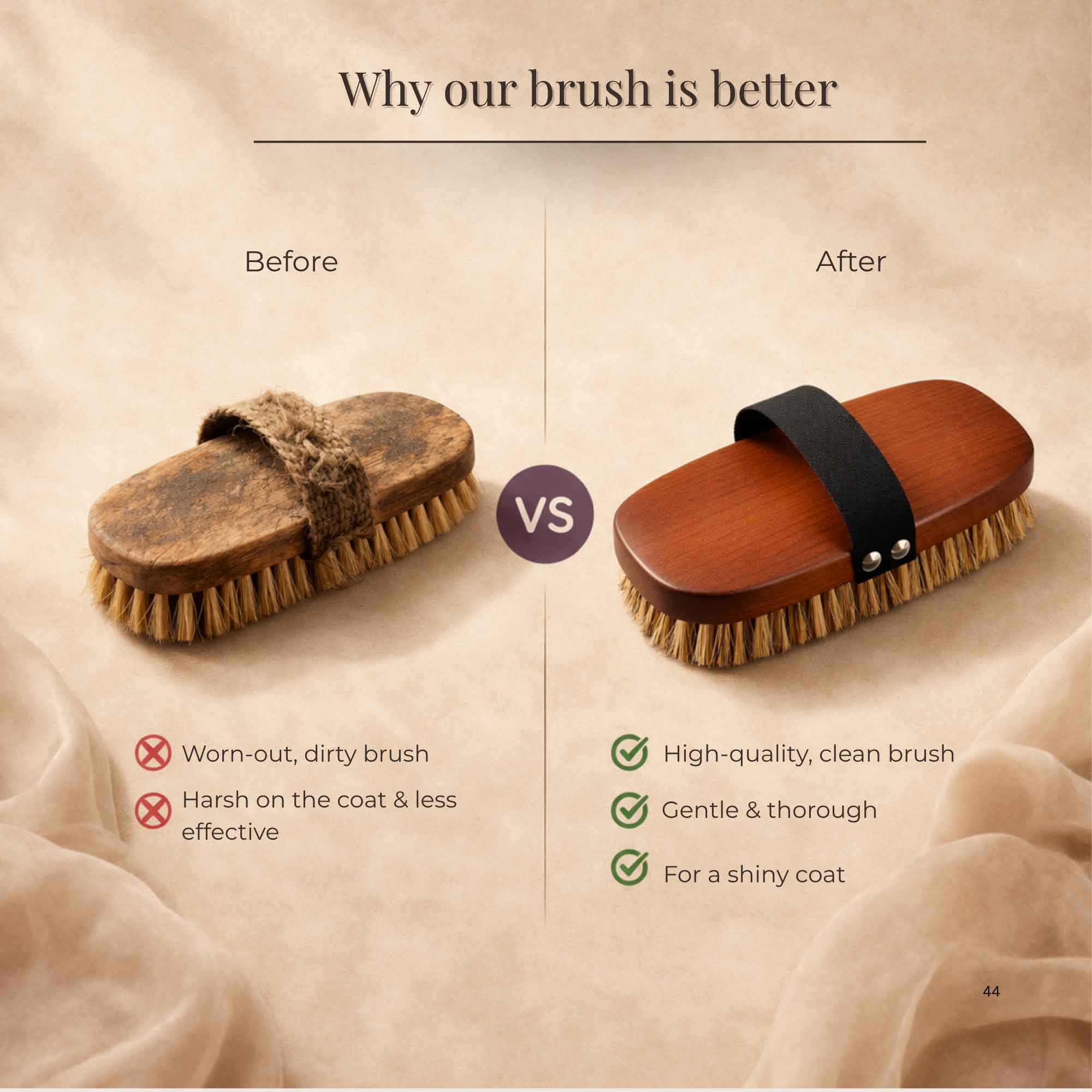 Comparison graphic showing a worn horse brush beside a new beechwood horse brush