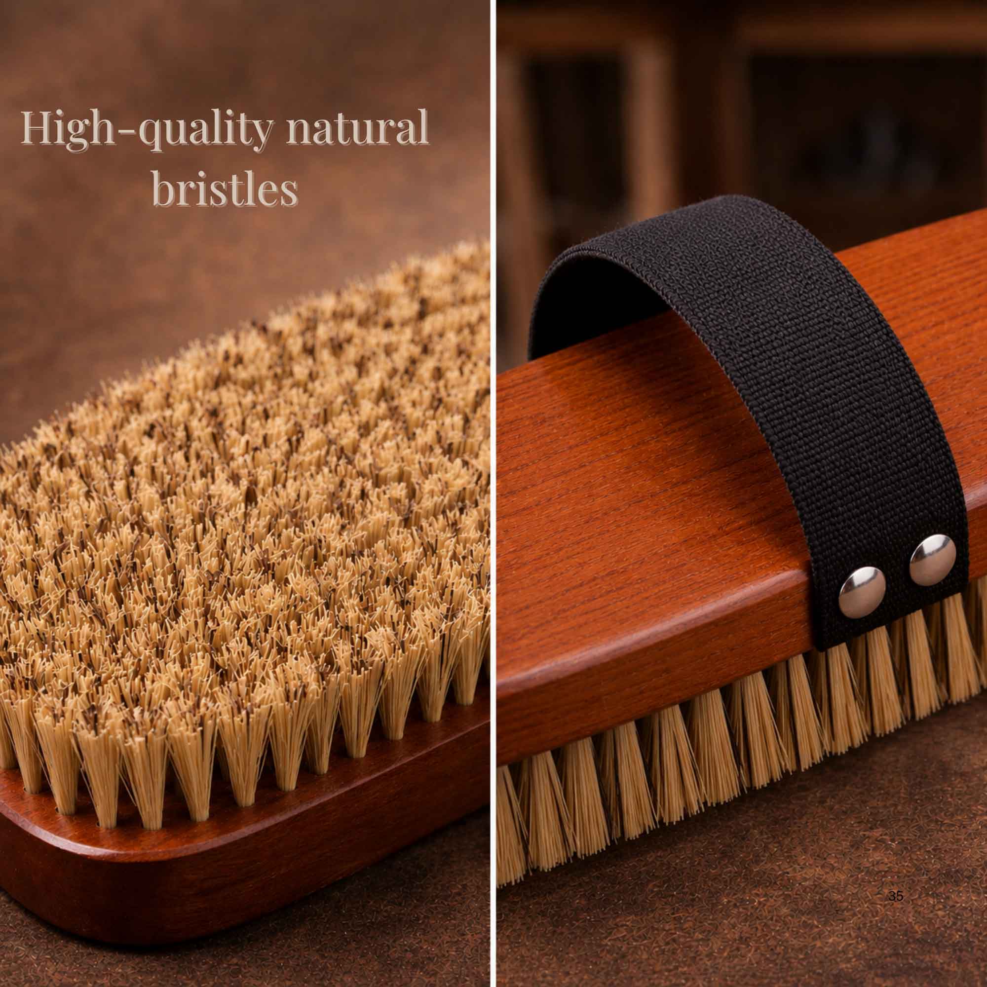 Close-up of Union-Fibre bristles and black strap on beechwood horse grooming brush