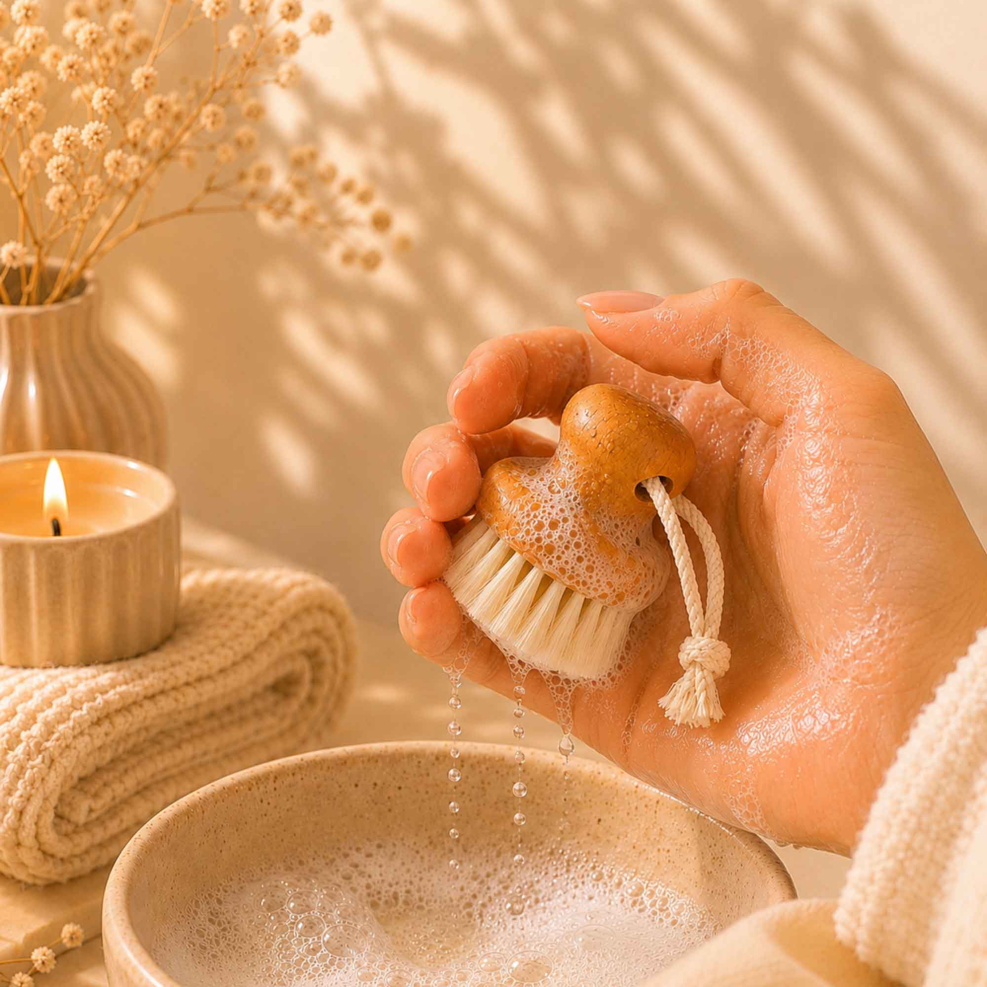 Rinçage à la main d'une brosse nettoyante pour le visage en bois avec de la mousse de savon au-dessus d'un bol