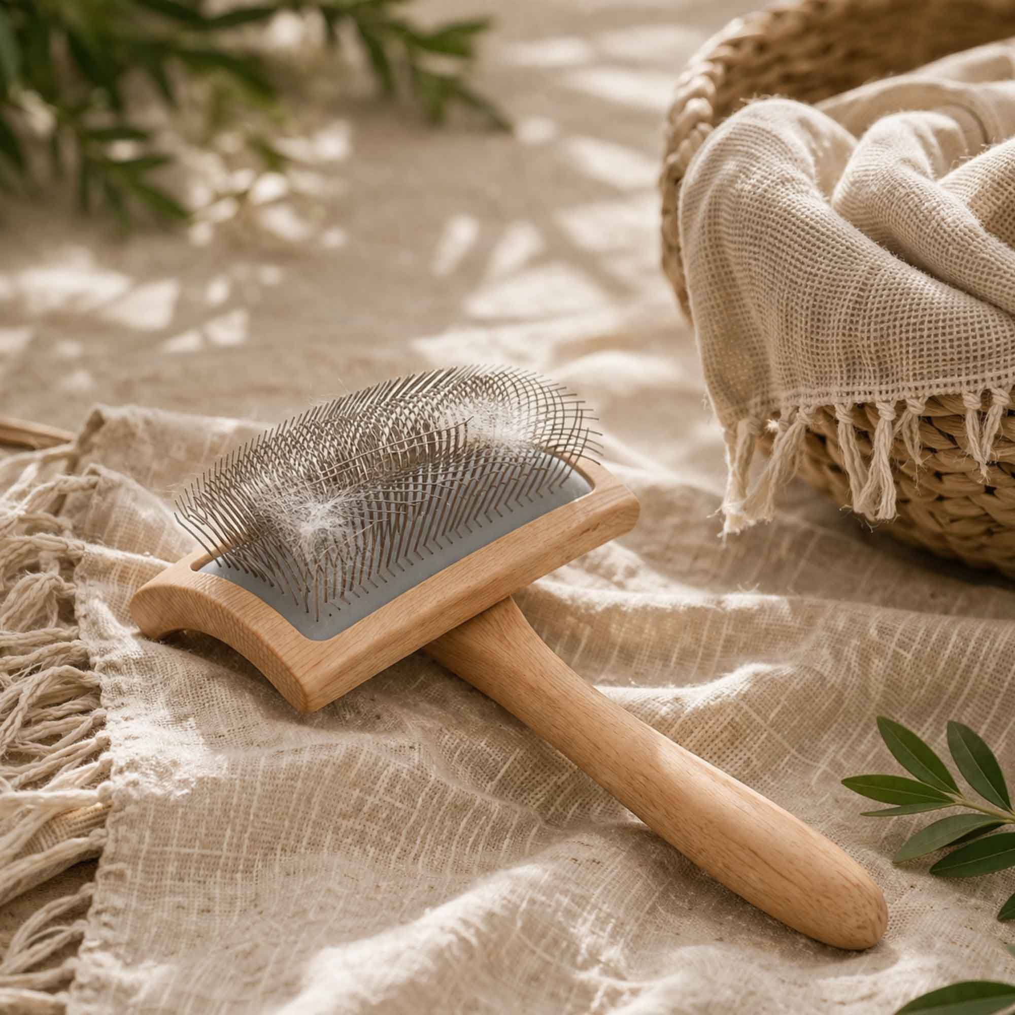 Buchenholz-Slickerbürste mit Edelstahlstiften auf neutralem Stoff präsentiert