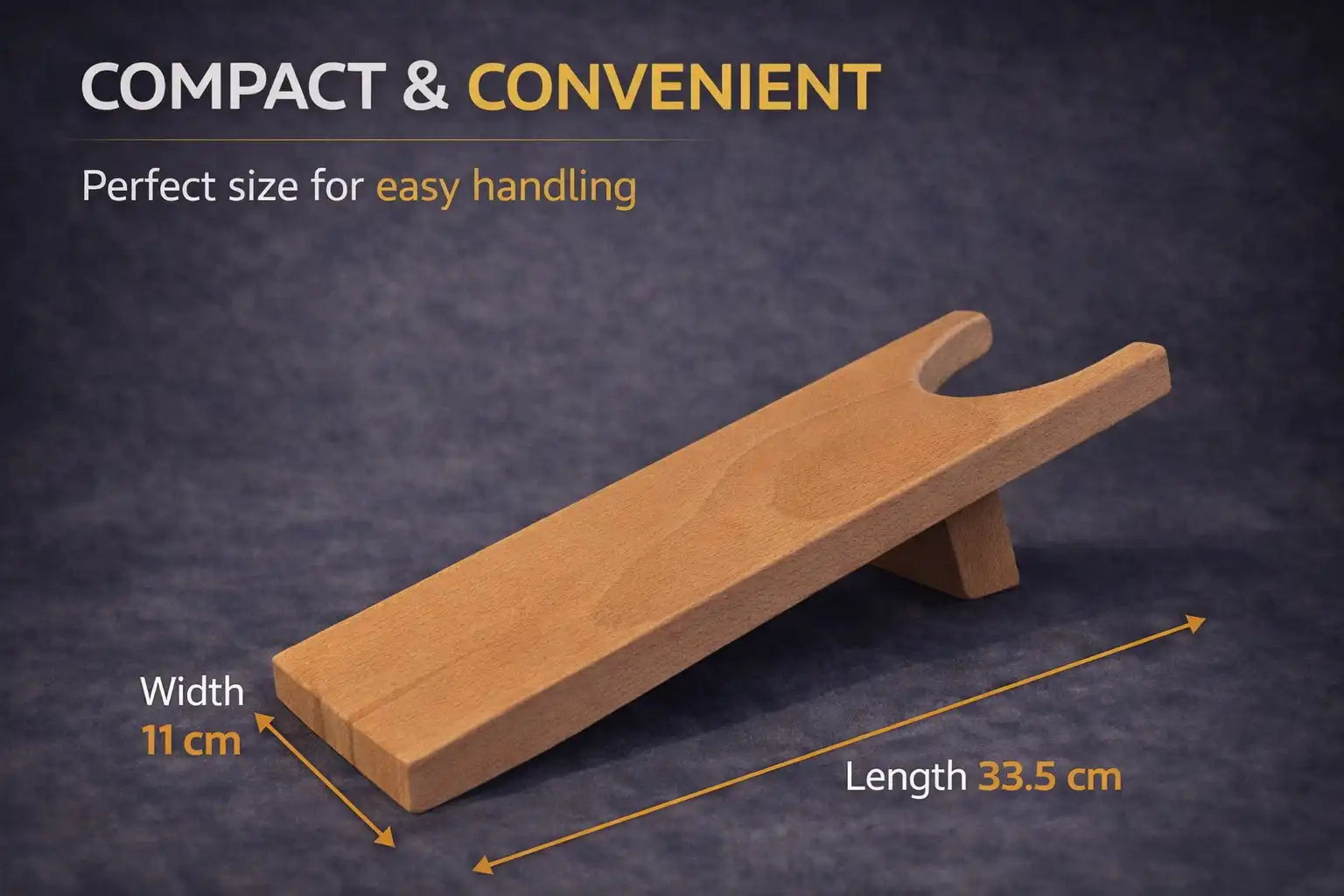 Dimension graphic for compact beechwood boot jack showing length and width