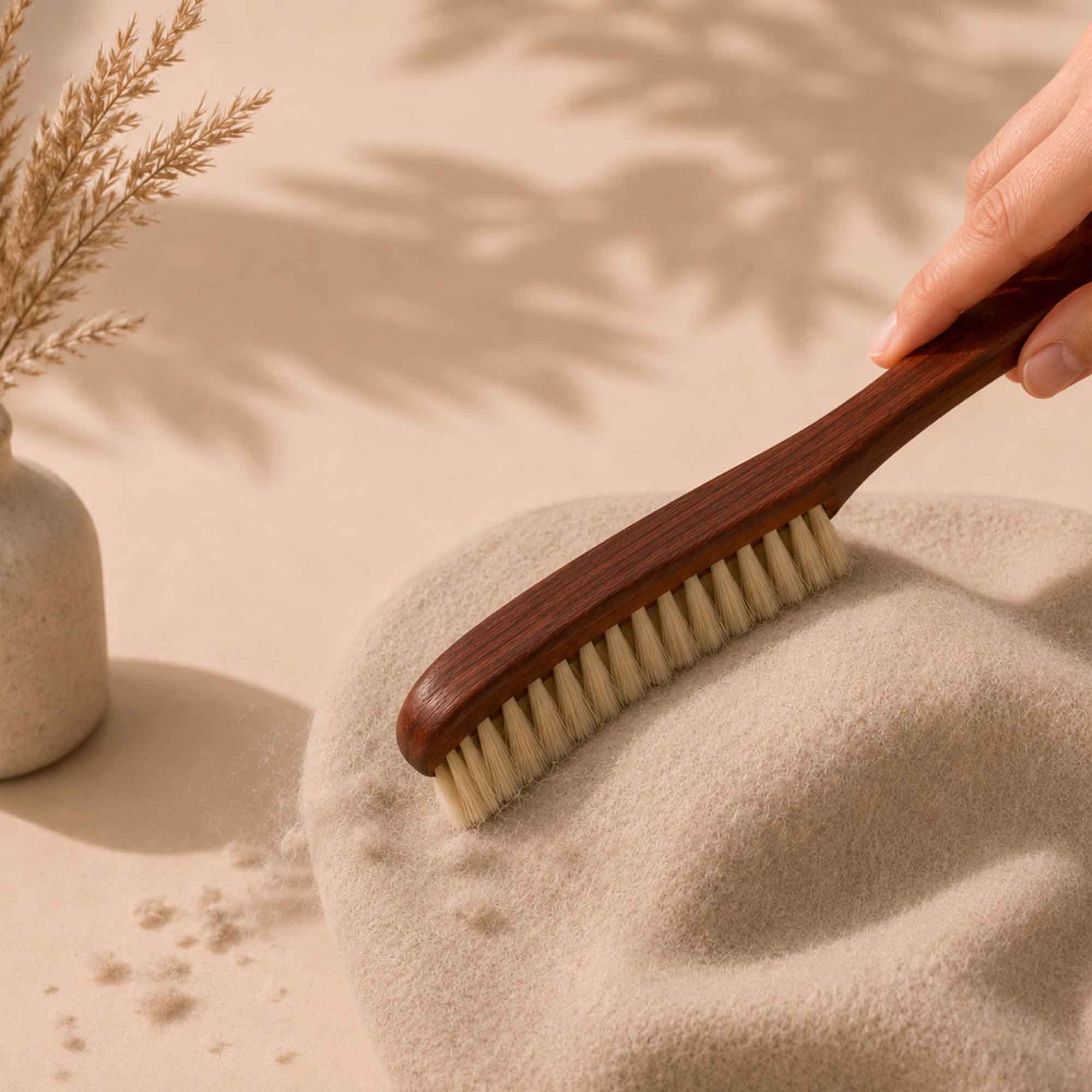Hand using a pear wood clothing brush on a light felt hat