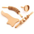 4-teiliges Holzmassage-Set — 2 Rollen (40 cm), Paddel & Becher