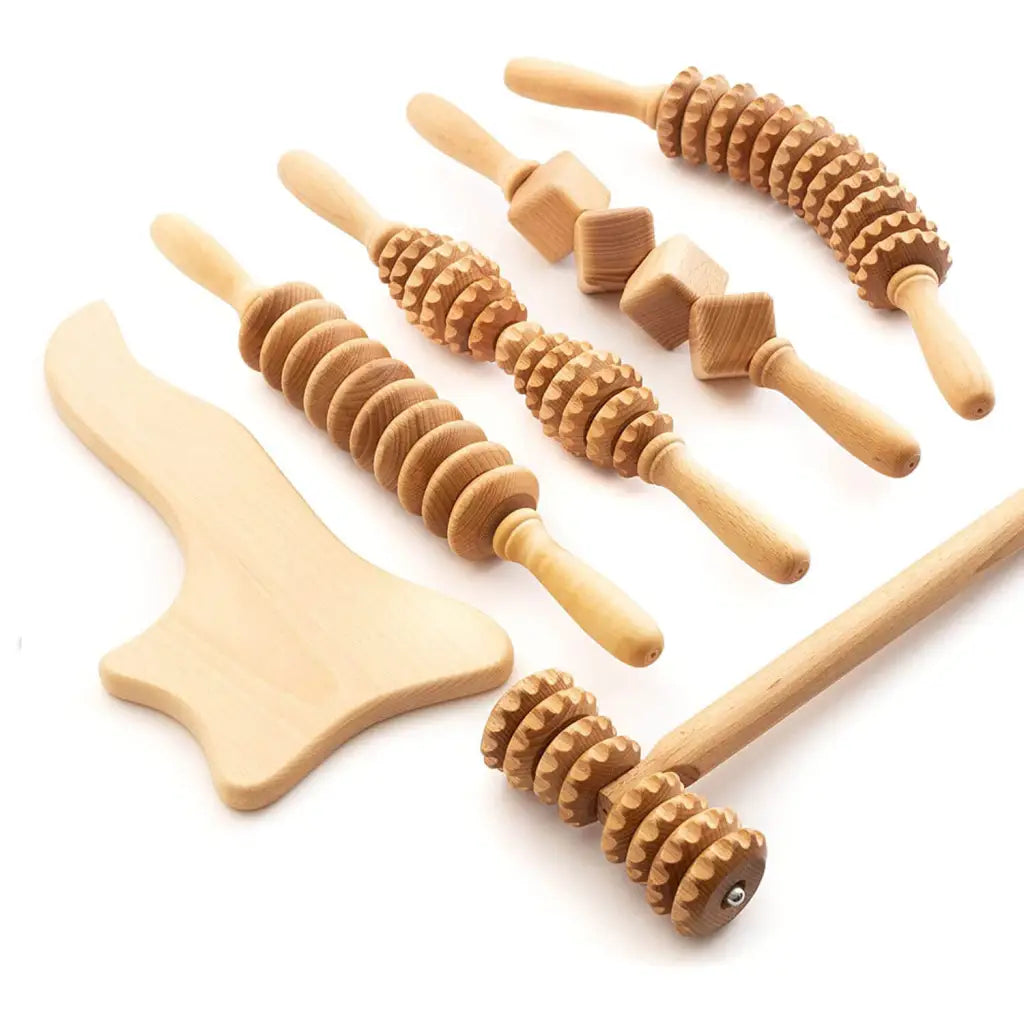 6-piece beechwood massager set on neutral background, full view