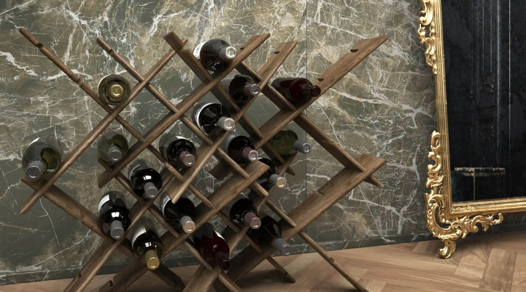 Handcrafted wall-mounted wooden wine rack displaying collection of wines